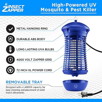 Livin Well Blue Bug Zapper Indoor Outdoor - 4000V High Powered Electric Mosquito Zapper Home Patio, 1,500 Sq Ft Range Fly Trap,18W UVA Bulb Mosquito Killer Lamp Insect Bug Light