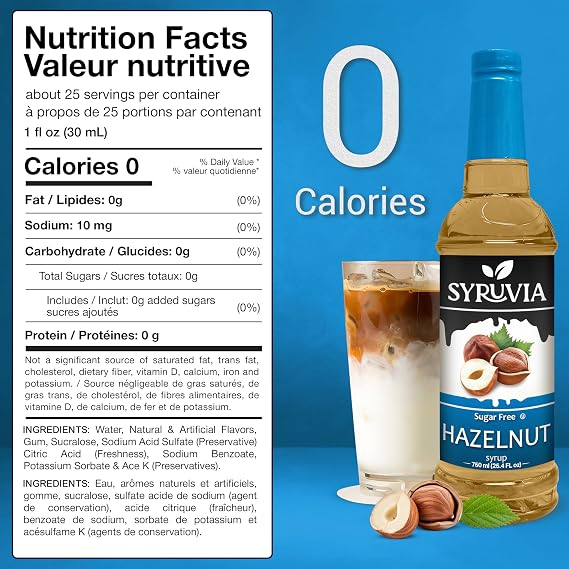 Syruvia Sugar-Free Hazelnut & Sugar-Free Blue Curacao Syrup - 25.4 fl oz. Premium Coffee Flavoring Syrup. 0 Calories, Kosher, and Gluten-Free. Perfect for Drinks, Sodas, Shakes, Desserts, and More.