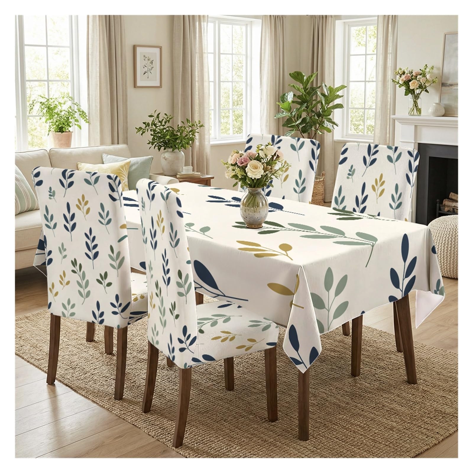 KXUAUV Minimal Green Gold Leaf Branch Dining Tablecloth & Chair Covers Set, 5/7 Piece Neutral Boho Modern Farmhouse Dining Room Home Decor Party Decor(5pcs Set: Tablecloth+Chair Covers)