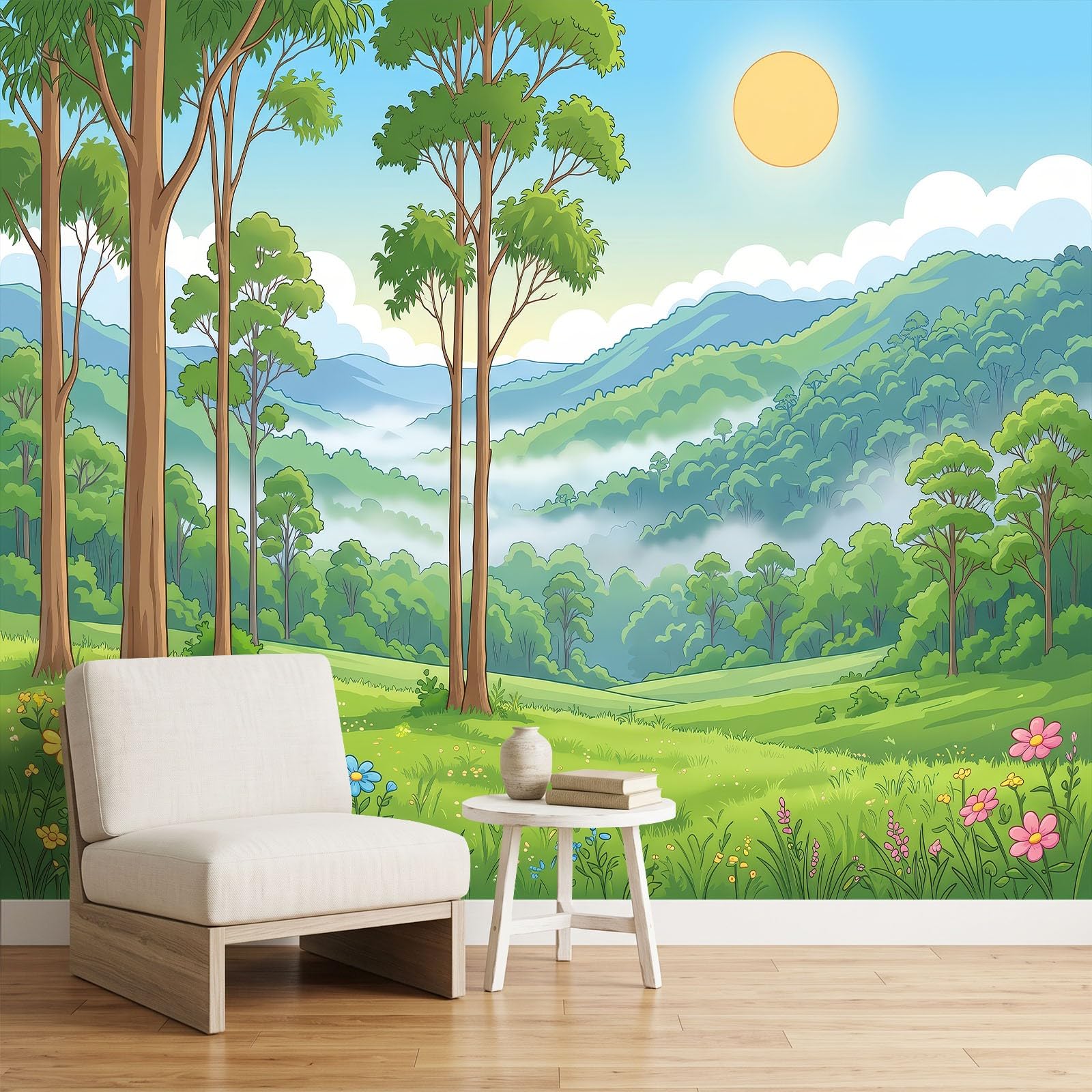 Panoramiczna tapeta 500 x 280 cm (szer. x wys.) realistyczny krajobraz anime fototapeta z włókniny gobelin plakat ścienny do salonu dekoracja ścienna sypialni, pokoju dziecięcego trawa góry las