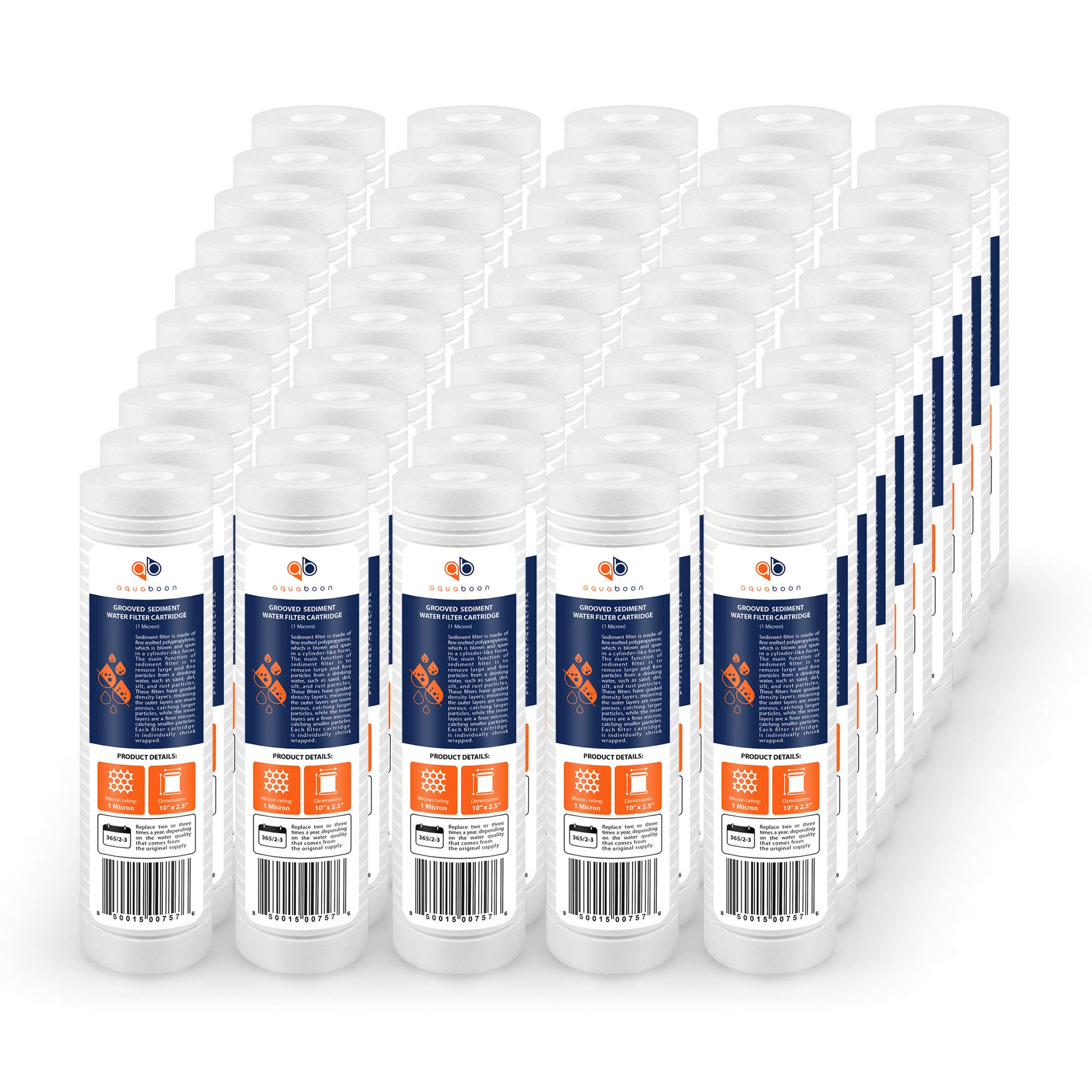 AquaboonWhole House 1 Micron 10 x 2.5 PP Grooved Sediment Water Filter Cartridge Replacement Compatible with AP110, WHKF-GD05, CFS110, P5, 50-Pack