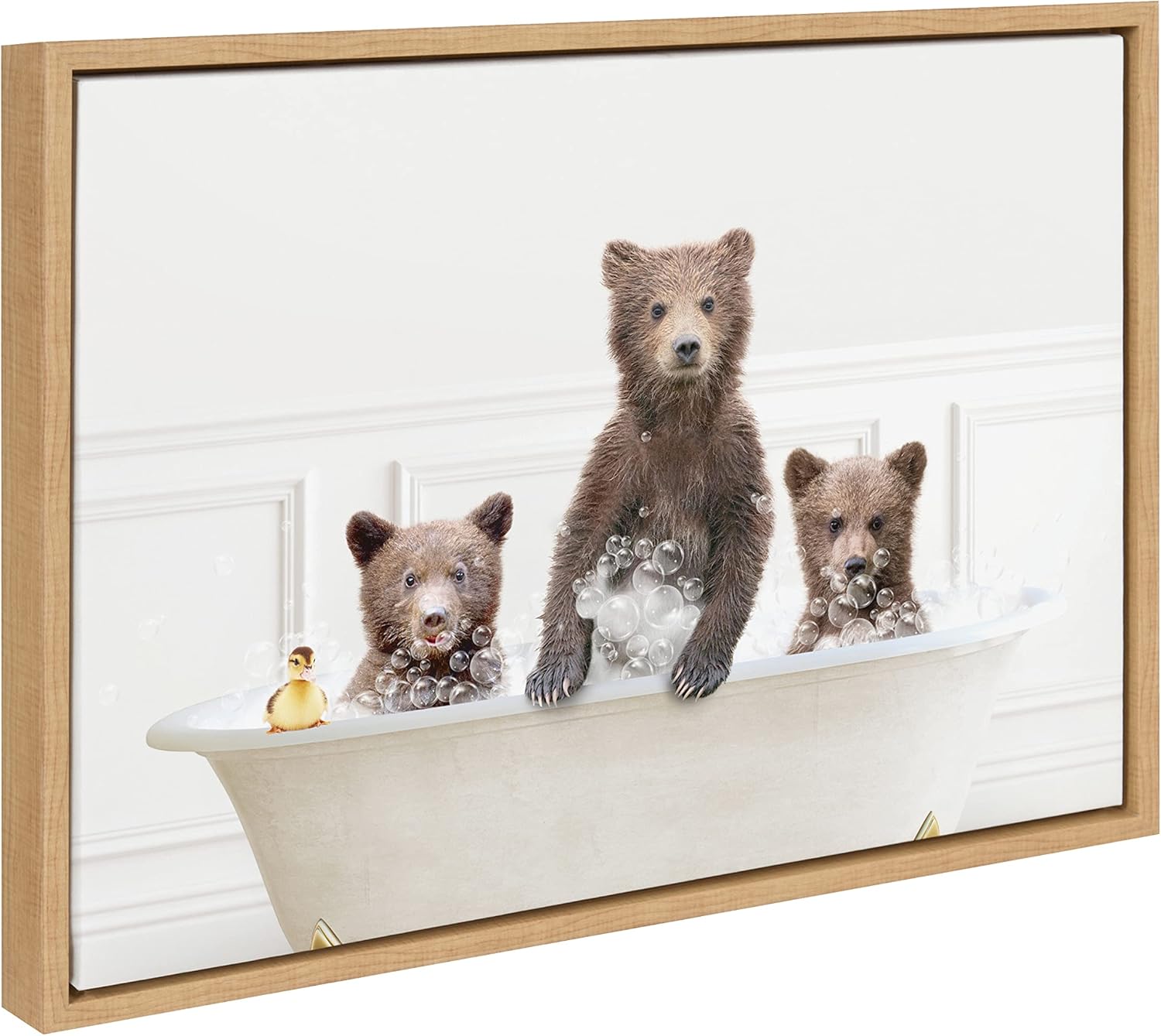 Kate and Laurel Sylvie Three Bears In Bubble Bath Neutral Style Framed Canvas Wall Art by Amy Peterson Art Studio, 18x24 Natural, Adorable Woodland Animal Art for Wall