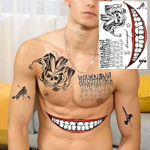 Miniatura 3 de COKTAK Juego de 6 hojas de tatuajes de bromista para Halloween, disfraz de cosplay, HQ payaso Joker tatuajes faciales, tatuajes temporales falsos de