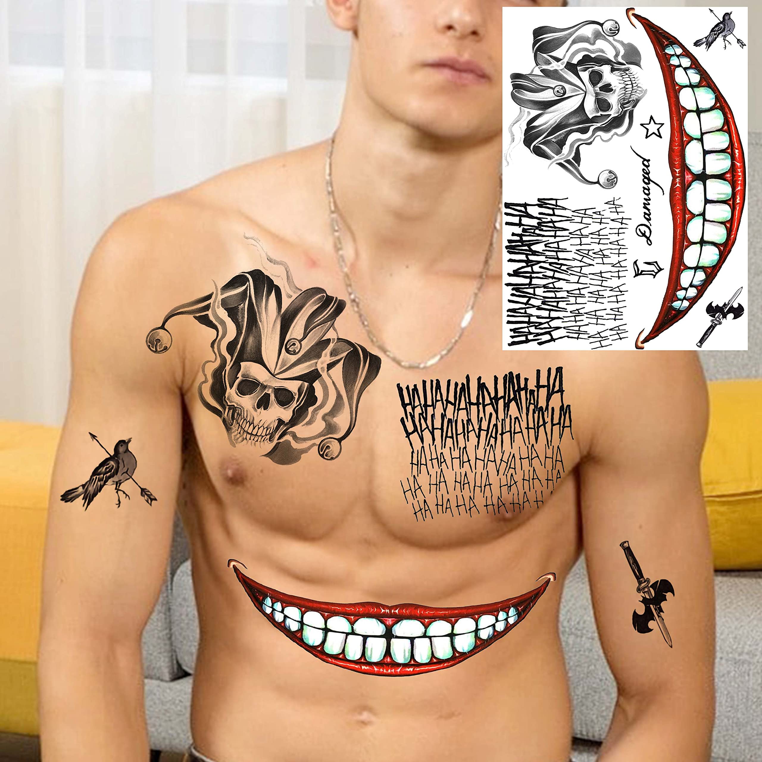 COKTAK 6 Sheets Joker Tattoos Halloween Makeup Kit Cosplay Costume, Clown HQ Joker Face Tattoos Stickers - Image 3