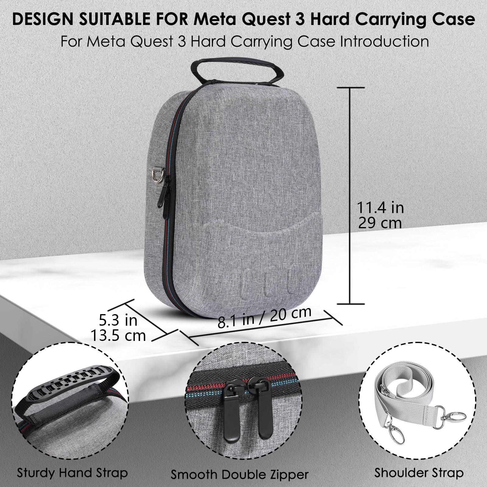 Étui rigide pour casque Meta Quest 3 VR, poignées de manette et accessoires, gris