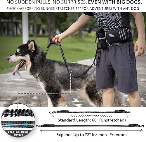 Miniatura 4 de Correa de perro manos libres de máxima seguridad, gancho seguro resistente, elástico que absorbe los golpes, cinturón y bolsa, asas dobles, se