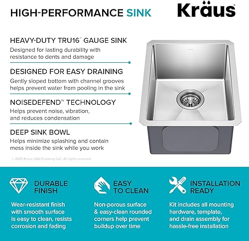 Vista 64 de Kraus KHU101-24L Standart PRO 24-inch Undermount 16 Gauge Single Bowl Laundry and Utility Sink, 24 Inch, Tight Radius