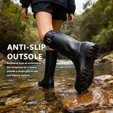 Womens Knee High Rain Boots - Waterproof Rubber Anti-Slip Boots with Narrow Calf & Thick Soft Sole for Garden Outdoor Work