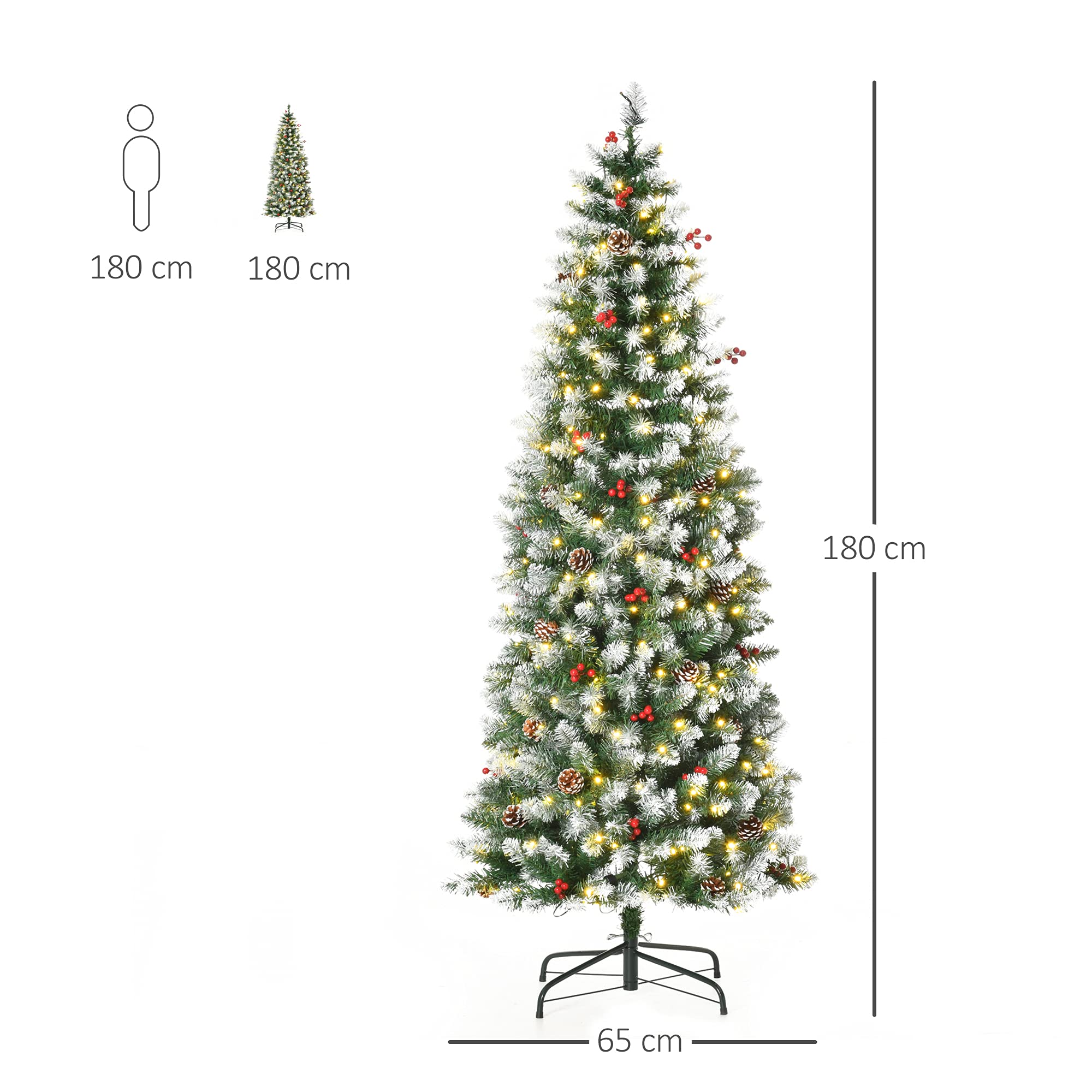 HOMCOM Árbol de Navidad Nevado Artificial 180 cm con 300 Luces LED Verde | Árbol de Navidad, Blanco Cálido, 618 Ramas Ignífugas de Plástico, Decoraciones Incluidas, Base Plegable, Ø65x180 cm