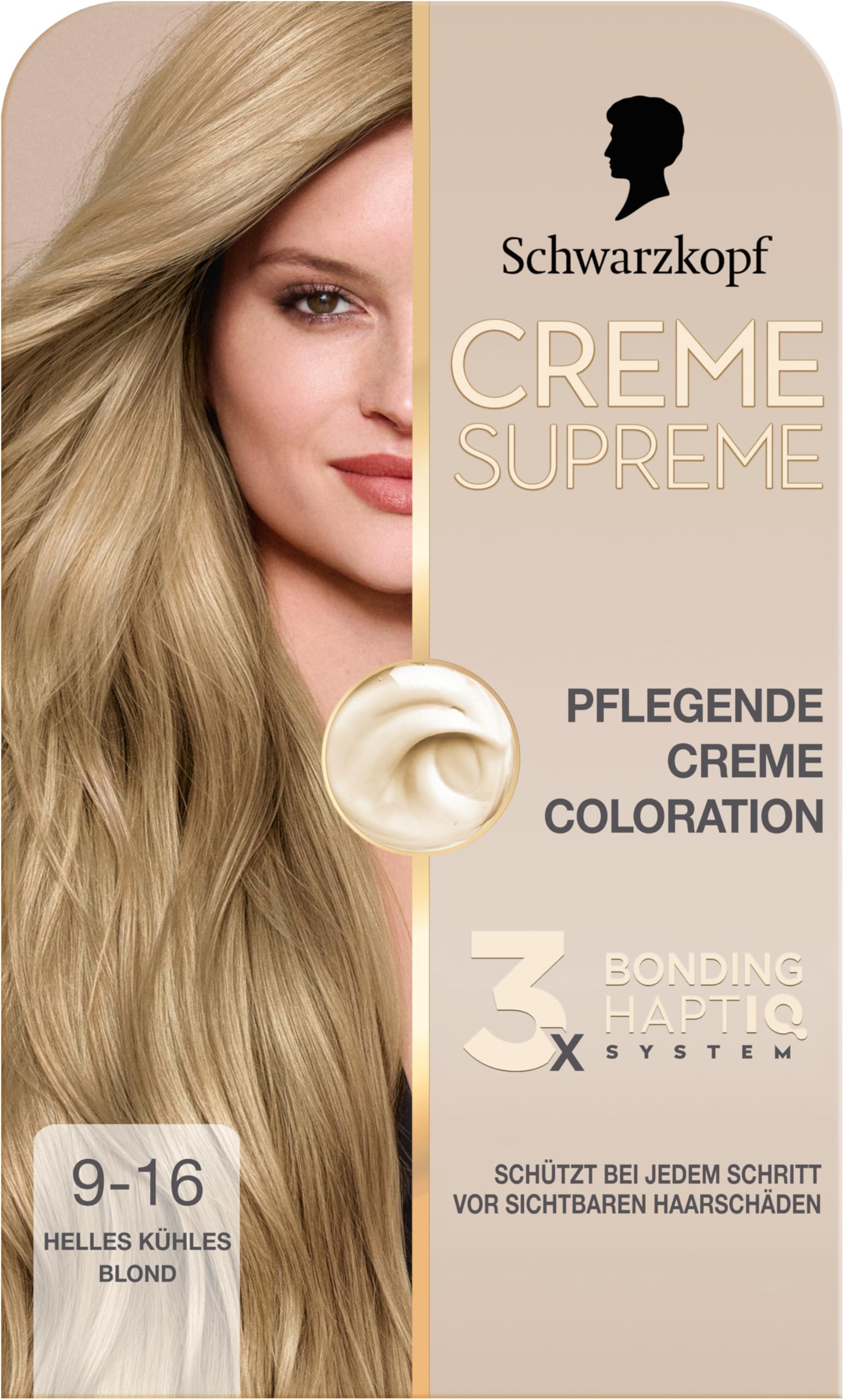 Schwarzkopf Creme Supreme Coloration 9-16 Helles Kühles Blond (4x182 ml), dauerhafte Haarfarbe mit Serum und Haar-Maske schützt vor sichtbaren Haarschäden, für 100% Grauabdeckung