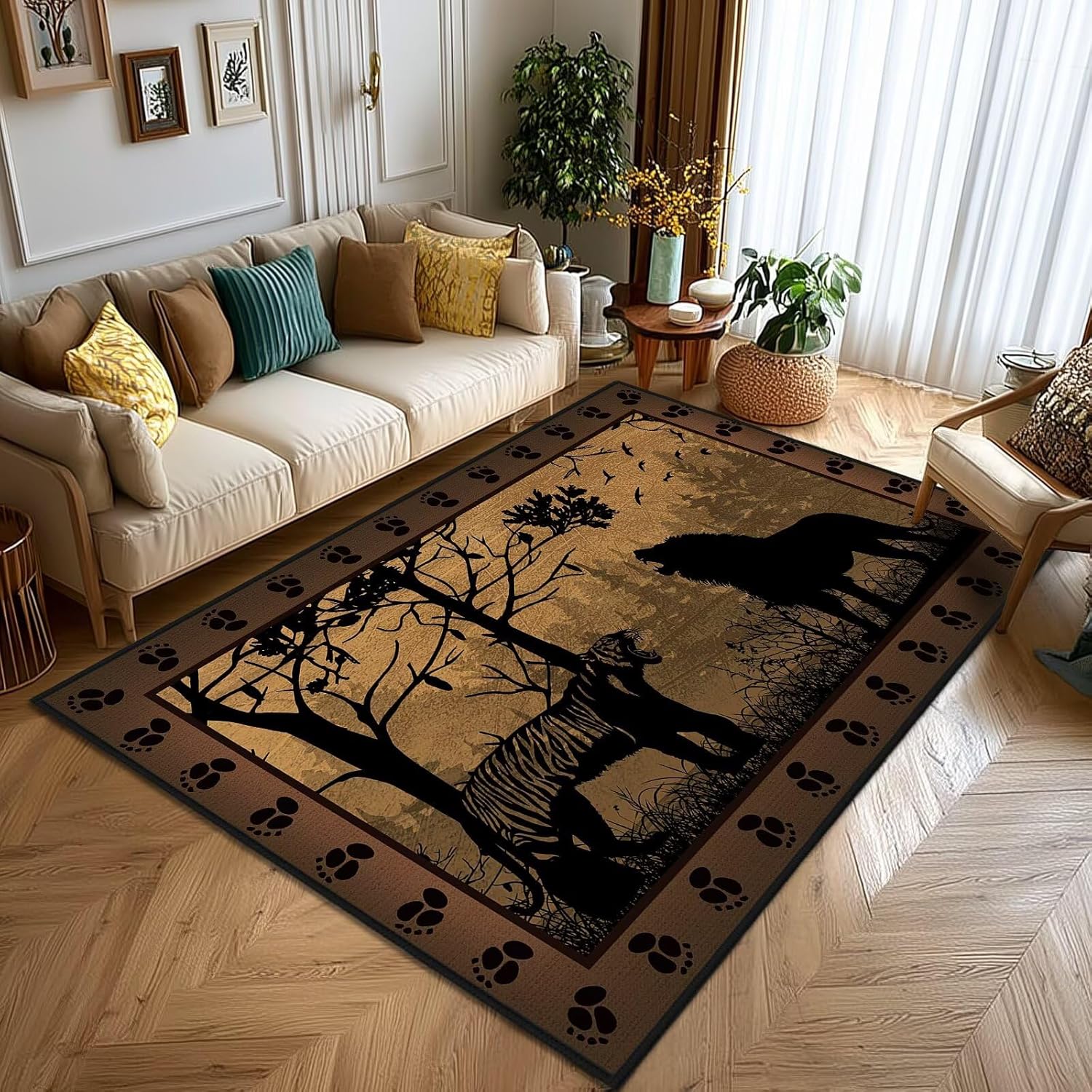 Cabin Rustic Area Rug 5x7,Tiger Country Wildlife,Vintage Area Carpets for Bedroom,Ultra-Thin Washable Throw Floor Rugs Indoor Non Slip Accent Floor Mats for Living Room,Dining Room,Laundry Room,Brown