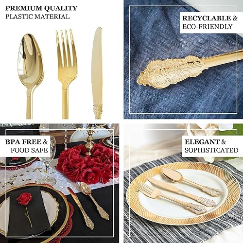 Miniatura 4 de Efavormart - Juego de 24 tenedores de plástico desechables barrocos dorados metálicos de 8 pulgadas para bodas, fiestas, banquetes, eventos, bufé de