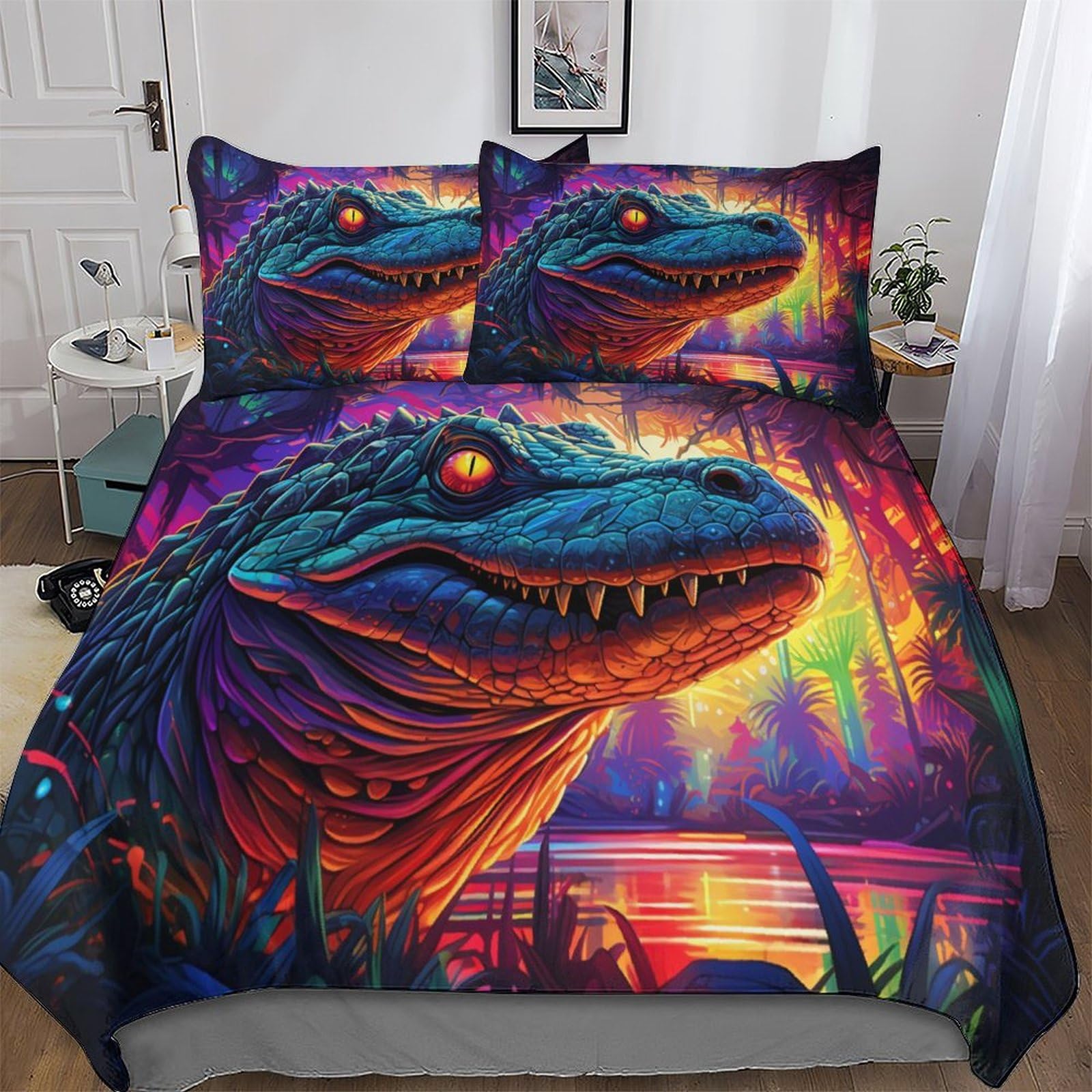 Parure de lit crocodile avec housse de couette microfibre King 220x240cm et taie d'oreiller zippée