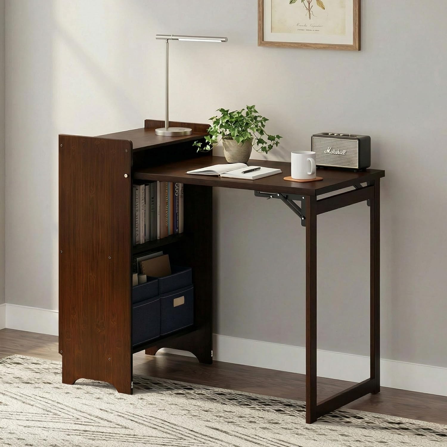 Bamboo Folding Desk for Small Spaces,Hidden Desk with Storage Shelf, Foldable Computer Desk for Bedroom Home Office, Mid Century Modern Fold Out Table Writing Table, Walnut