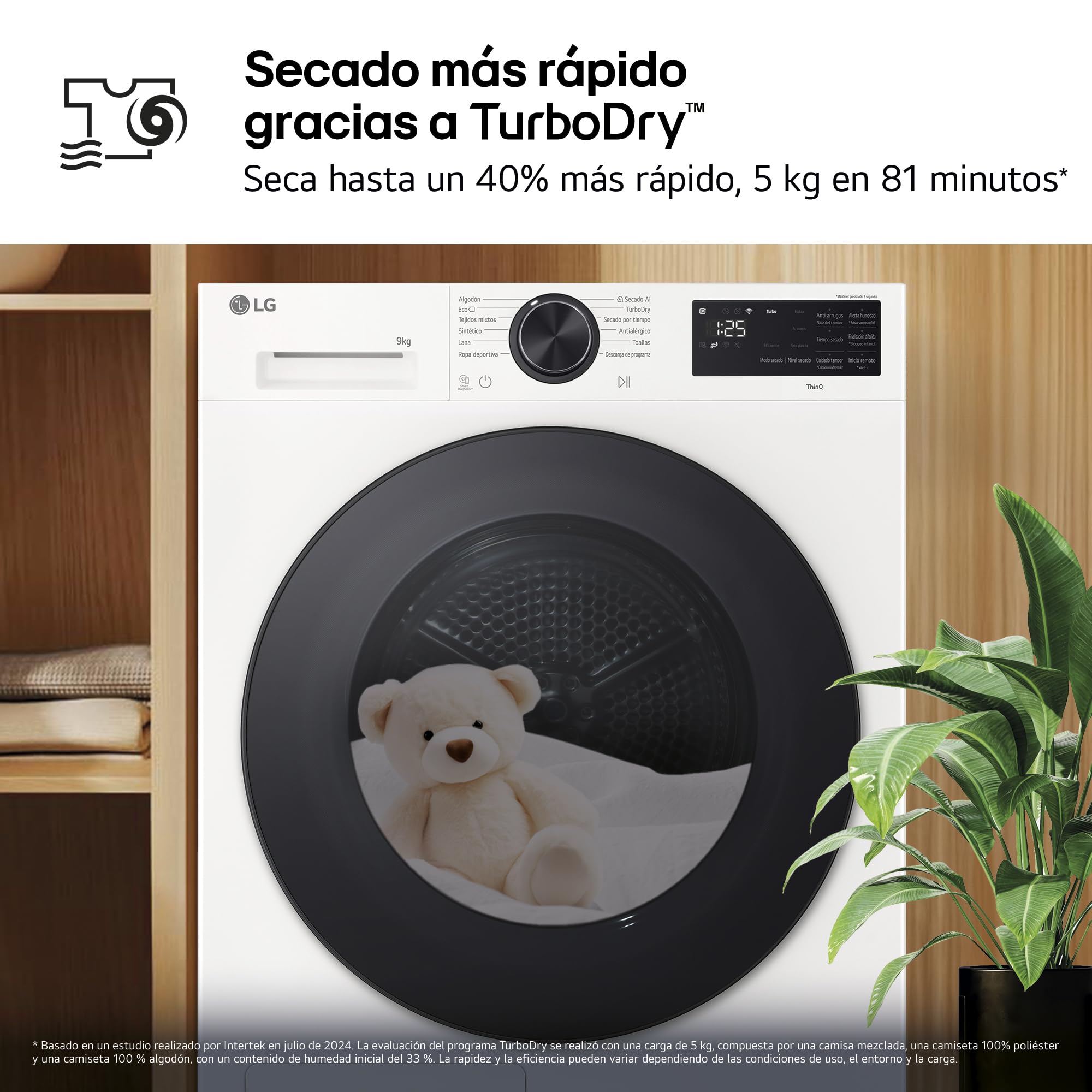 LG RHX5009TLB - Secadora con Inteligencia Artificial 9kg, Bomba de Calor Dual Inverter, Eficiencia Clase B, Serie 500, Tecnología AI Dry, Eco Hybrid, Conectividad Wi-Fi ThinQ, Blanco