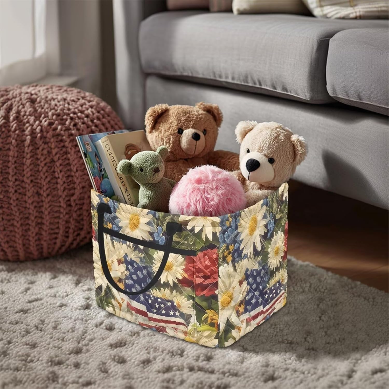 Daisy Quilted Storage Basket with Pocket Lightweight Laundry Baskets Bin for 250 Years Anniversary Large Capacity Portable Fabric Hamper with Handles for Blankets Clothes
