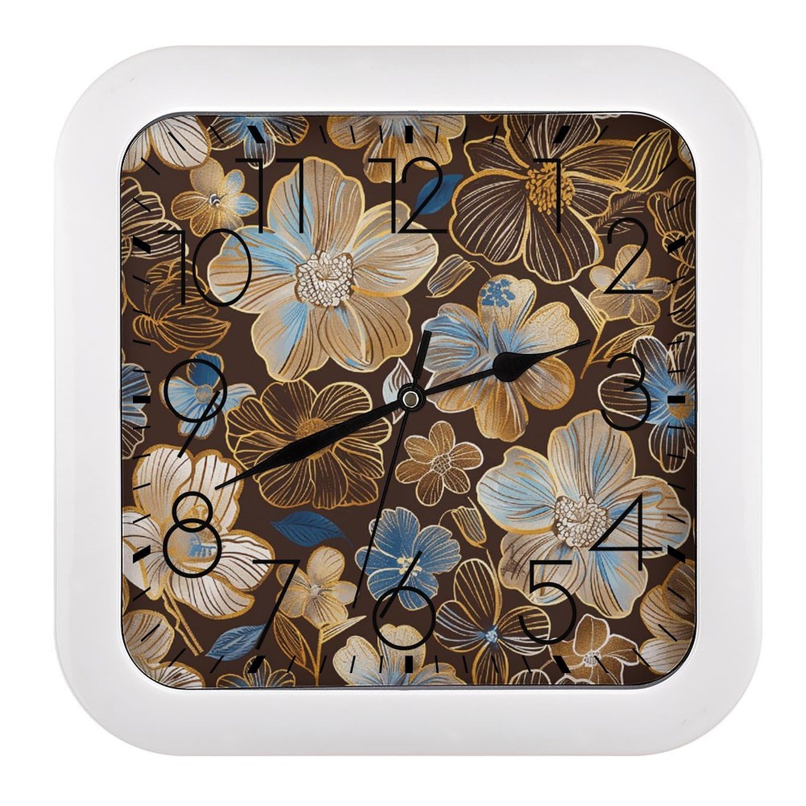 NTVOWPZO 10 Inch Wall Clock Hand Drawn Flowers Battery Operated Wall Clocks Silent Non-Ticking Square Wall Clock for Living Room Kitchen Home Office Wall Decorative Clocks