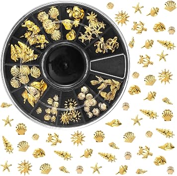 Pndeyo Ocean Theme Nail Art Charms, Sea Beach Starfish Seashell Nail Charm Decals, 3D Alloy Nail Gems Decoration Stickers for Manicure DIY Embellishments 12 Style- Gold