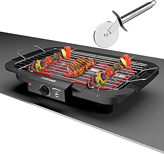 2000 Watt Electric Barbecue Grill Smokeless Portable Adjustable Temperature Control Indoor And Outdoor For Home Removable Water Filled Drip Tray Bbq With Pizza Cutter, Free Standing, Black
