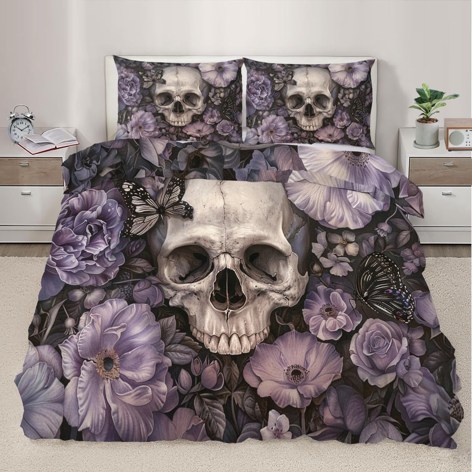 Skeleton Comforter Cover Set Double Size Purple Flower Bedding Set Dark Butterfly Bedding Duvet Cover Set Bedspread Cover 3Pcs
