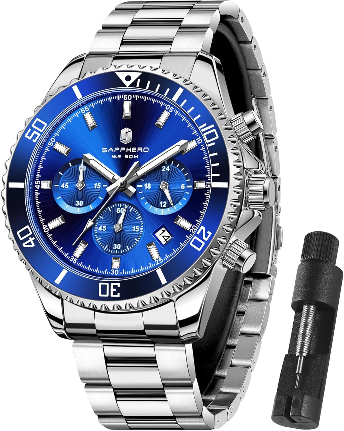 SAPPHERO Mens Watches Analog Quartz Chronograph Stainless Steel Watches for Men 50M Waterproof Men's Wrist Watches with Calendar Luxury Business Work Casual Watch Elegant Gifts for Men