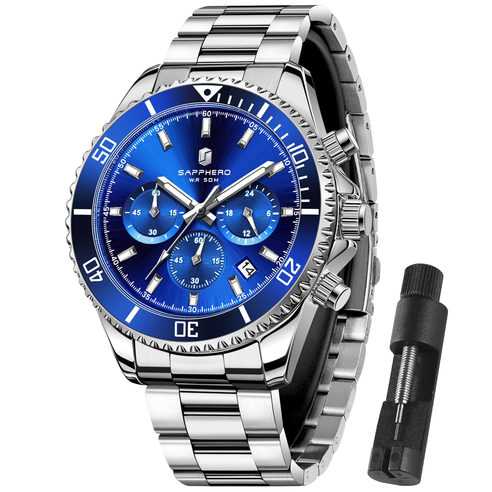 SAPPHERO Uhren Herren Chronograph Analog Quarz 50M Wasserdicht Armbanduhr Herren Mode Lässig Business Herrenuhren mit Kalender Edelstahlarmband Uhr Geschenk für Männer