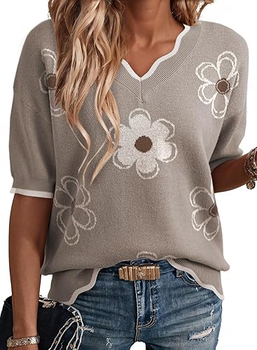 DOKOTOO Women's Casual V Neck Short Sleeve Sweater Ribbed Knit