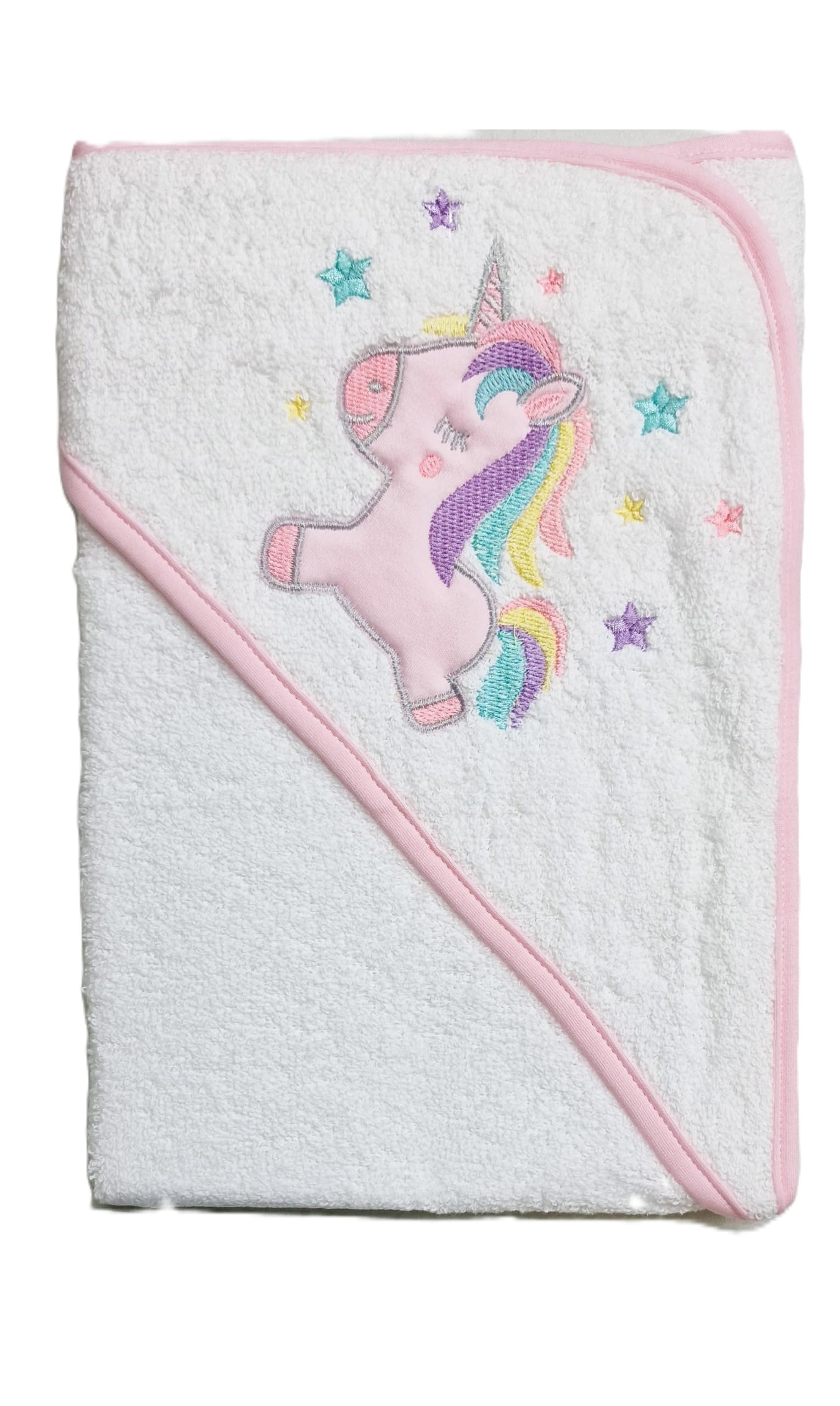 Baby Boys/Girls White Hooded Bathrobe Bath Towel | Printed And Embroidered Design | 70cm x 70cm (Unicorn Embroidery)