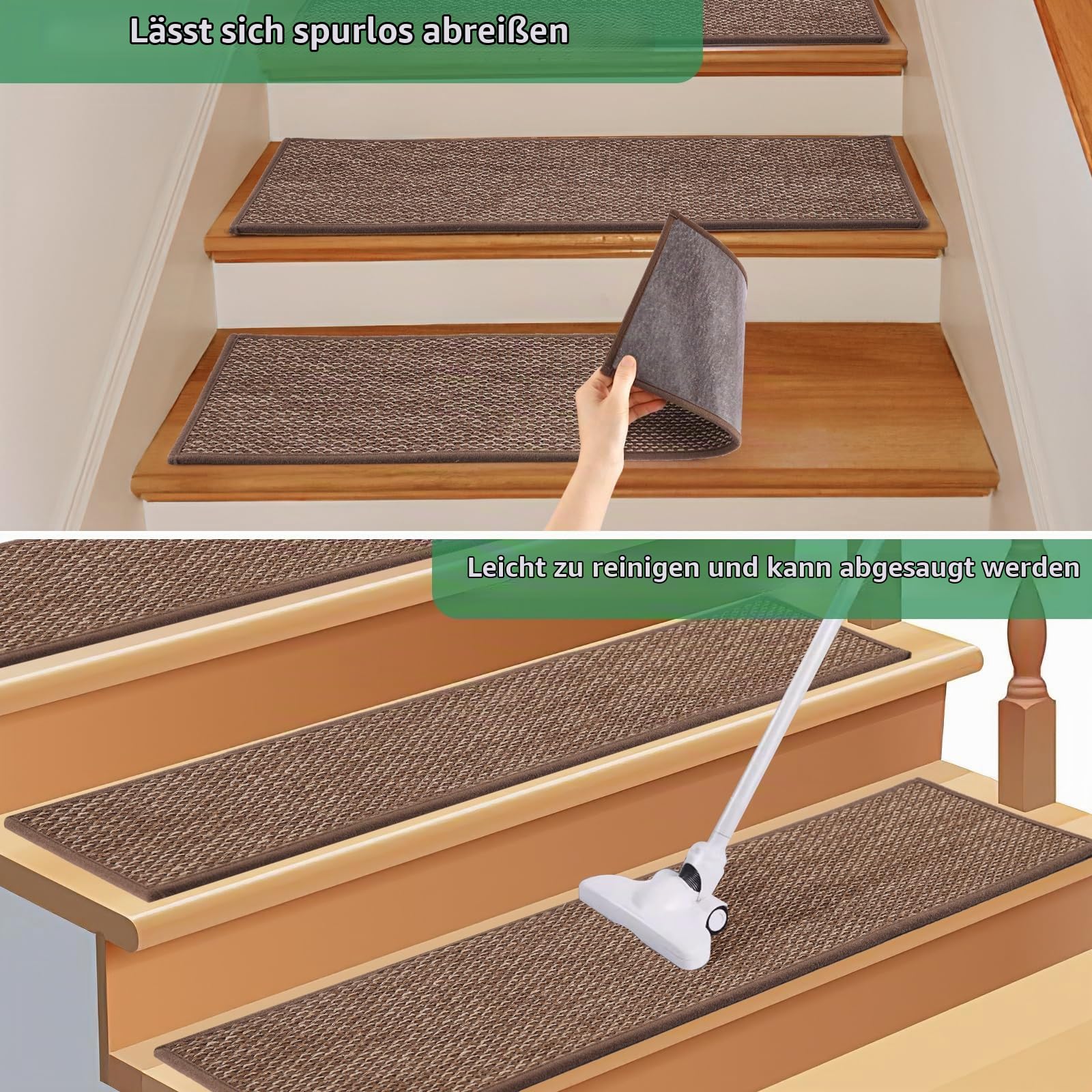 YISUN Leinenimitat Treppenstufen Matten 15pcs, Abnehmbar und Waschbar | Stufenmatten Selbstklebend Rückseite 65x20 cm, Stumm Antirutsch Treppenteppich für Treppe, Küche, Schlafzimmer, Badezimmer