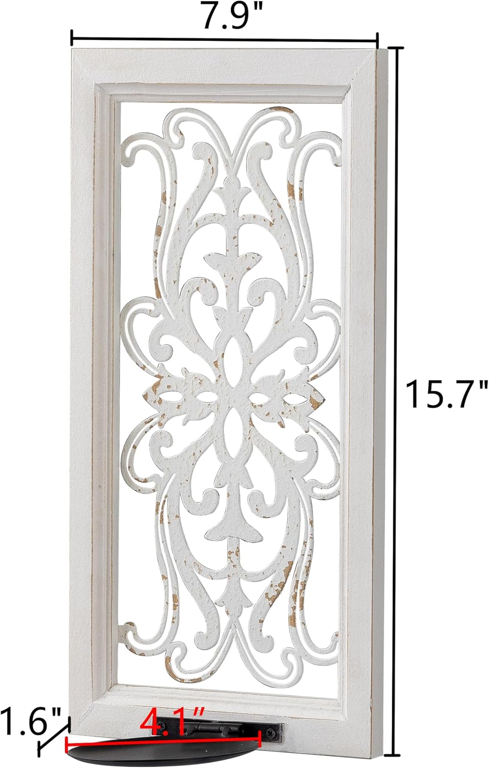 SOFE Framed Wall Candle Sconce 16 Inches, Shabby Chic White Candle Holder for Pillar Candle, Openwork Design Rustic Candle Holder for Walls, Living Room, Bedroom Christmas Decor, 1 Piece