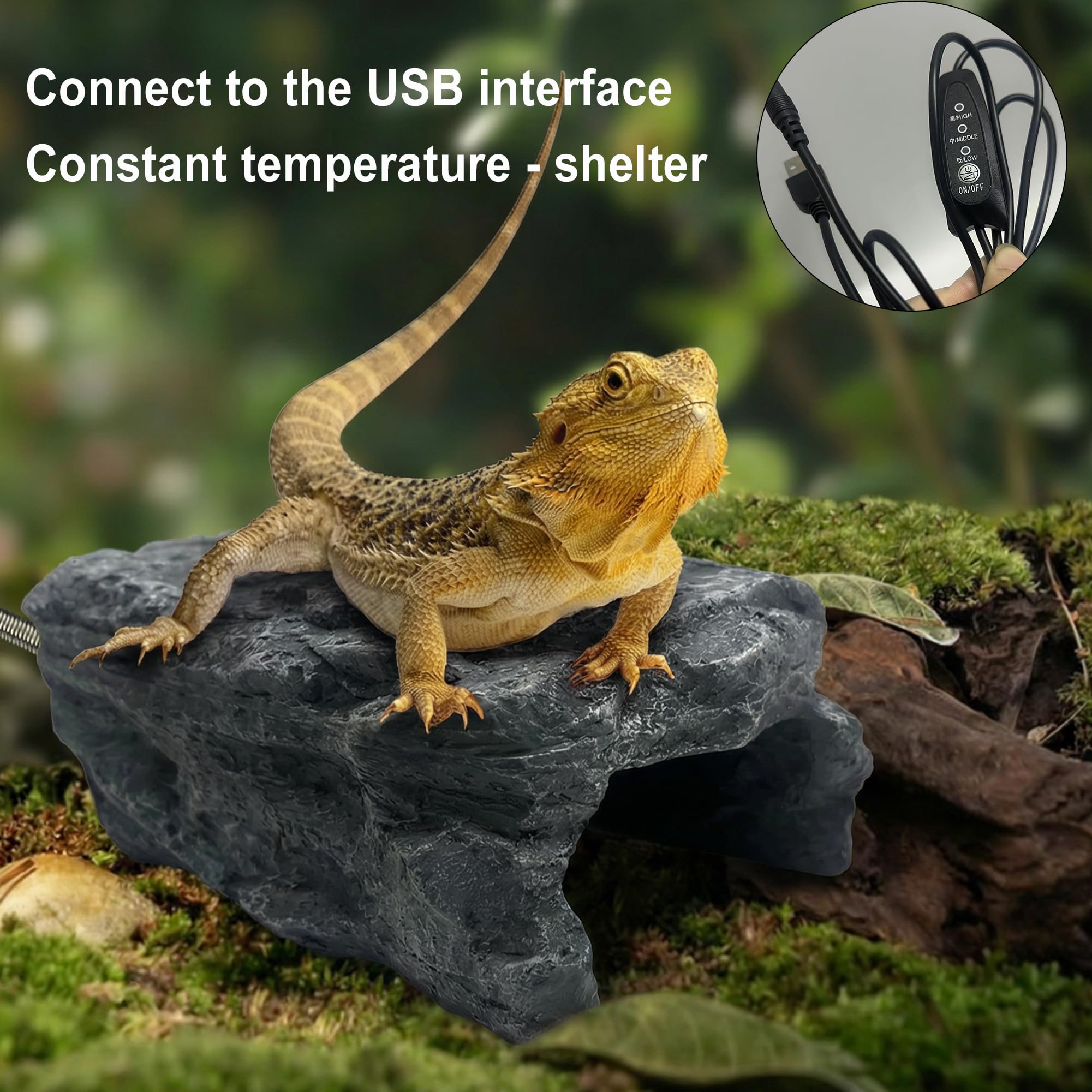 Cueva de reptiles con calefacción – Escondite de roca con temperatura ajustable, roca de calefacción con termostato para dragones barbudos, pitones de bola, gecos de leopardo y animales pequeños