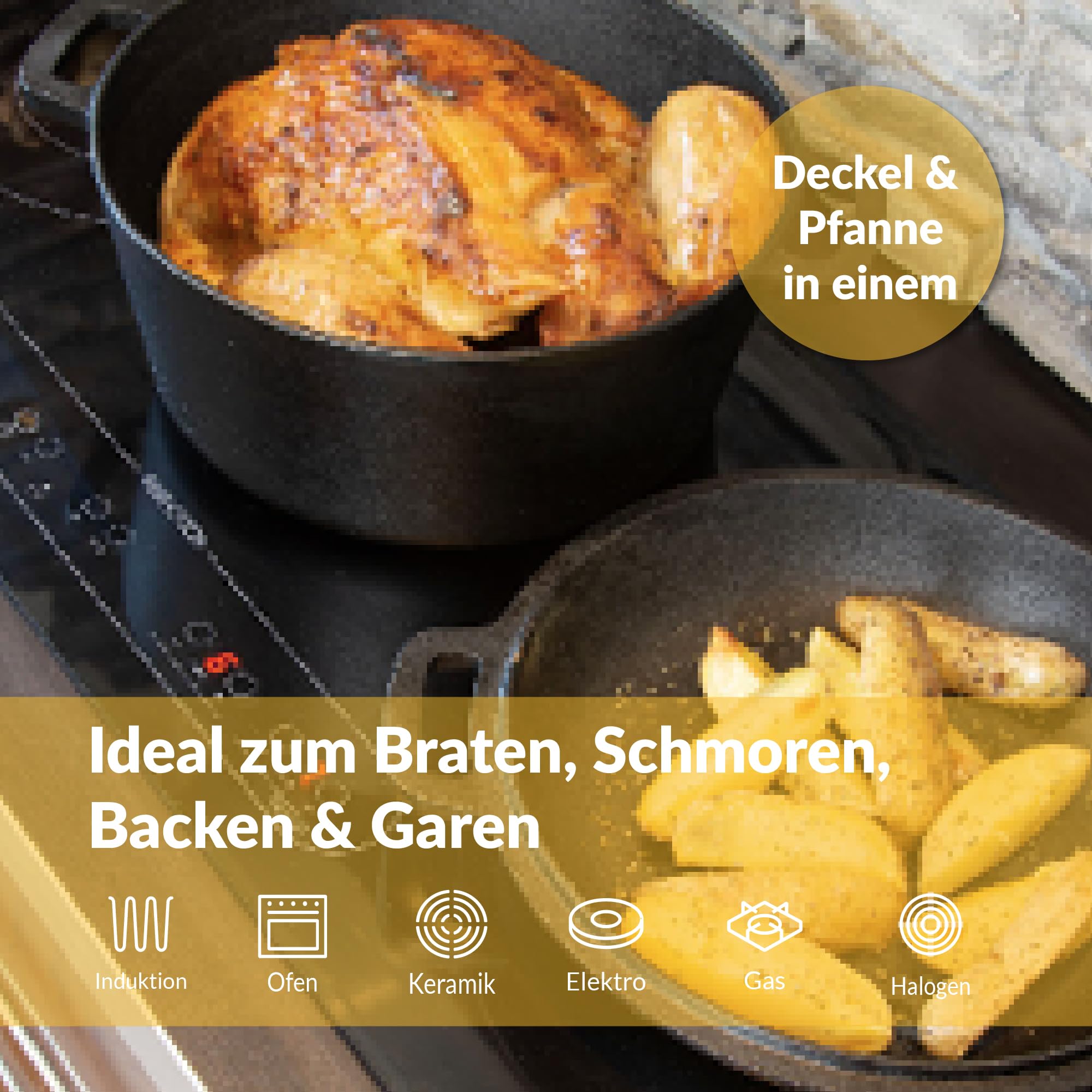 Chefarone Gusseisen Topf 26 cm 4,6 l mit Gärkorb und Teigschaber – Brotbacktopf mit Deckel, Induktion & Backofen geeignet – Vielseitiger Bräter zum Backen, Schmoren, Braten, Kochen