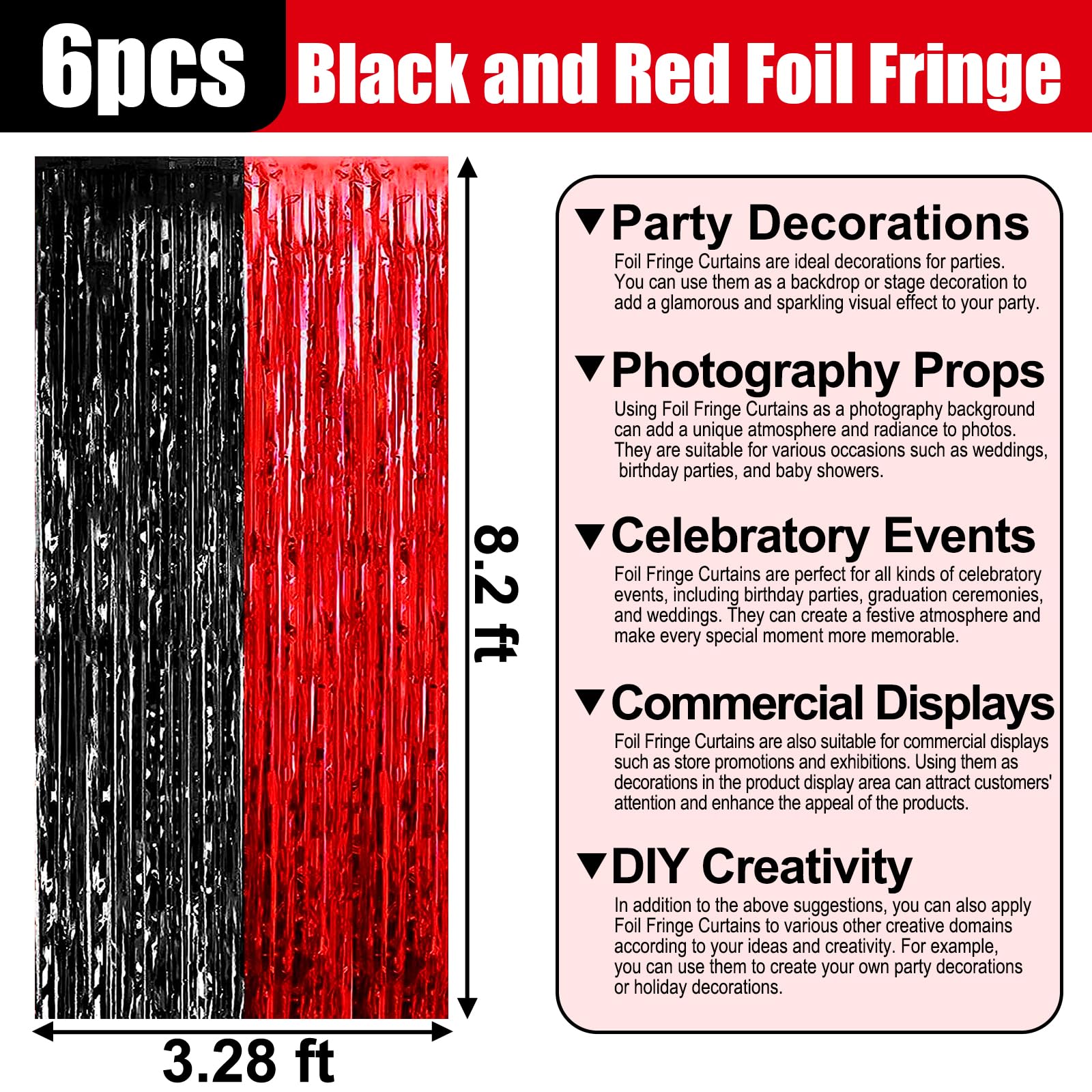 Paquete de 6 cortinas de flecos de papel de aluminio negro y rojo, 3.28 pies x 8.2 pies, cortinas metálicas de oropel para accesorios de cabina de fotos, día del profesor, cumpleaños, decoración de