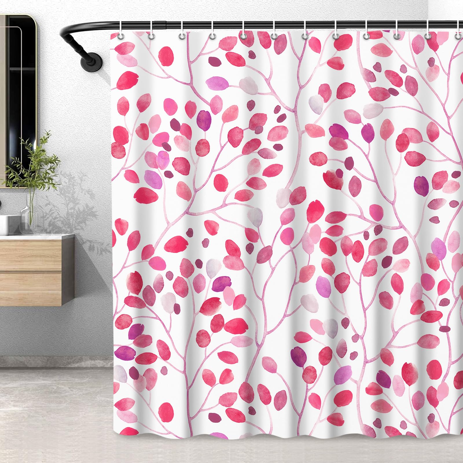 LXBNI Extra Long Floral Shower Curtain, Colorful Botanical Flower Leaves Boho Polyester Fabric Shower Curtain with Plastic Hooks, Bathroom Decor Machine Washable Curtain 72x84 Inches, Fuchsia — image 1