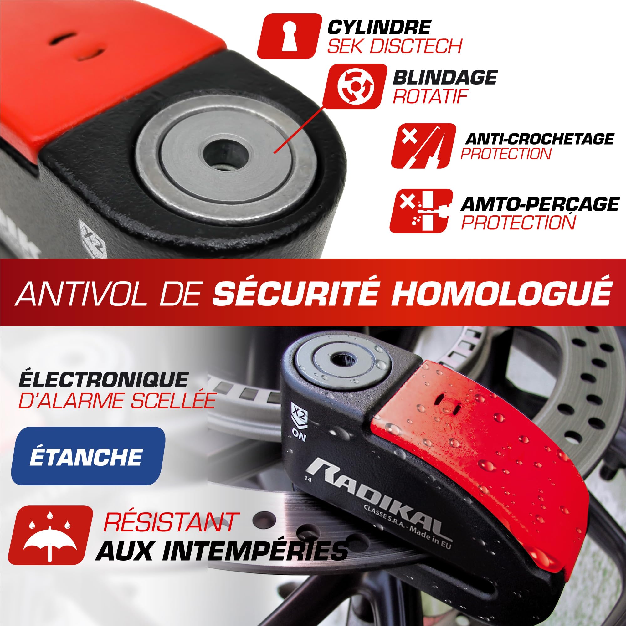 RADIKAL RK15 Antivol Moto Homologué SRA Bloque Disque avec Alarme Premium | Activation au choix, 120 dB, LED Alerte, Warning Pré-Alarme | Bloc Sécurité Double Verrouillage Acier Cémenté 14 mm, Rouge