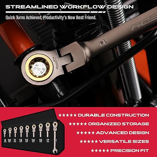 Miniatura 7 de SEDY Juego de llaves combinadas de trinquete de cabeza flexible de 9 piezas, métricas 0.315-0.748 in, engranaje premium de 72 dientes, cromado,