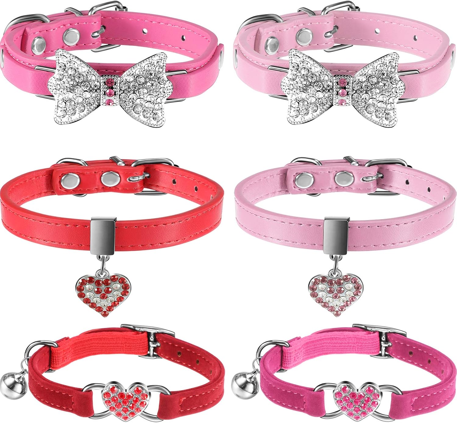 Weewooday 6 Pieces Cat Collars Heart Bling Cat Collar with Safety Belt Cat Leather Collar Cat Glitter Diamond Collar for Small Dogs Cat…