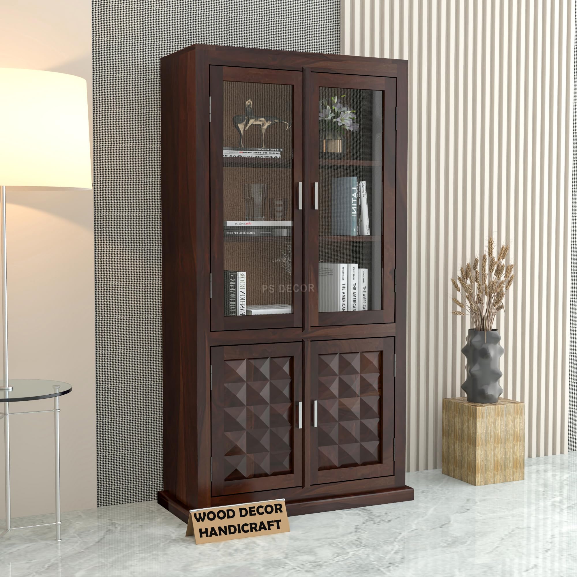 Solid Sheesham Wood Book Shelf with Acrylic Glass Doors and Storage Cabinet | Rosewood Display Unit with 4 Doors for Living Room & Office (Walnut Finish)-image-48
