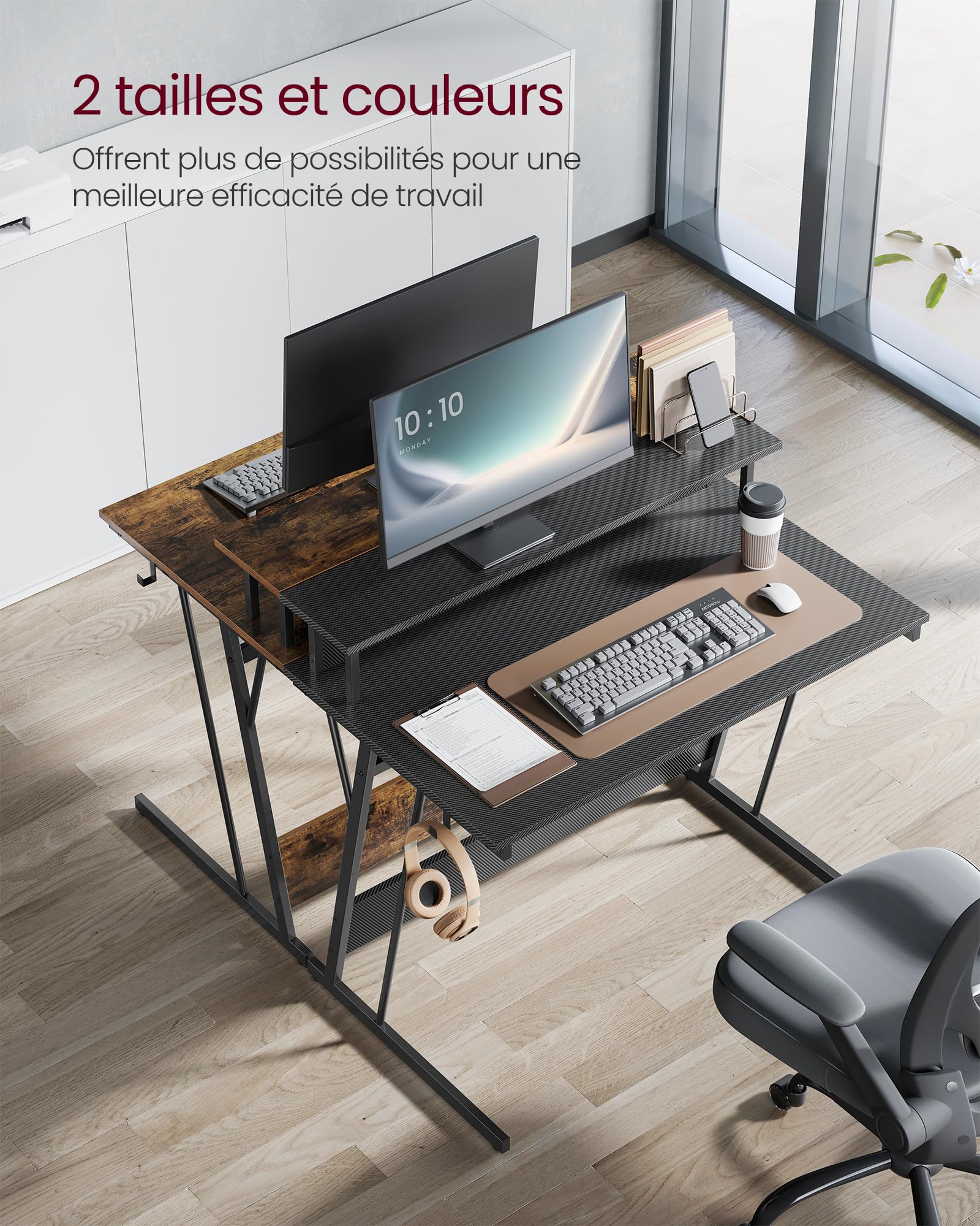 VASAGLE Bureau Gaming avec LED et Multiprise, Table Gamer, Bureau Informatique avec Rehausseur d’Écran, pour 2 Ordinateurs, pour Chambre, 60 x 100 x 76 cm, Noir Carbone LWD191B02