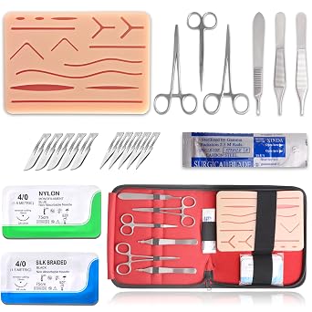 Suture Training Kit for Students Educational Suturing Practice Set with Silicone Pad, 8 Threads, Practice Cutting Tools, Forceps, Scissors & Storage Case for Medical, Nursing & Vet Training