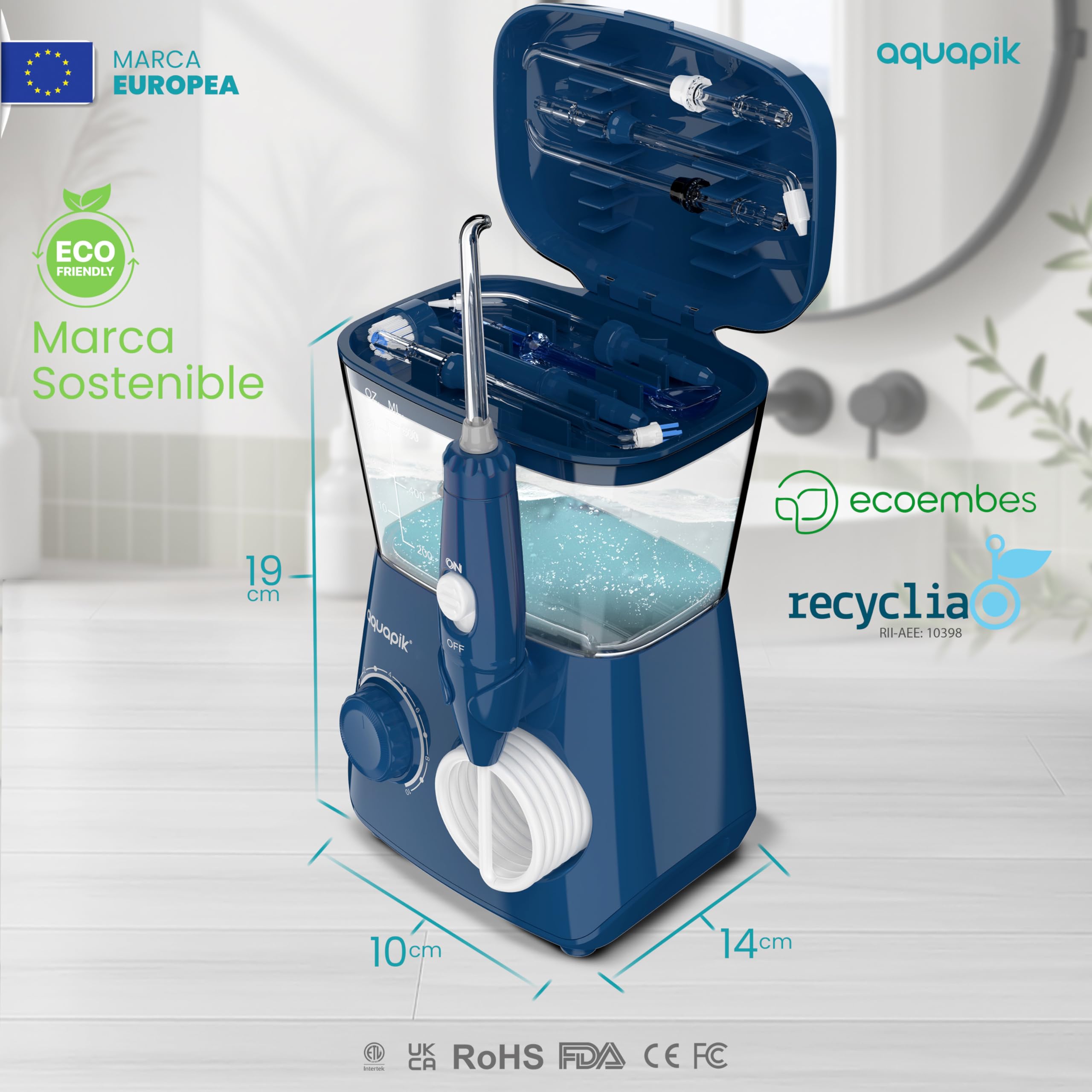 Aquapik ADVANCED Hydropulsator do zębów | Idealny do ortodoncji, implantów, wrażliwych dziąseł i płytki nazębnej | Zestaw wybielający + 8 dysz (nosa) | 10 poziomów ciśnienia | Zalecany przez dentystów