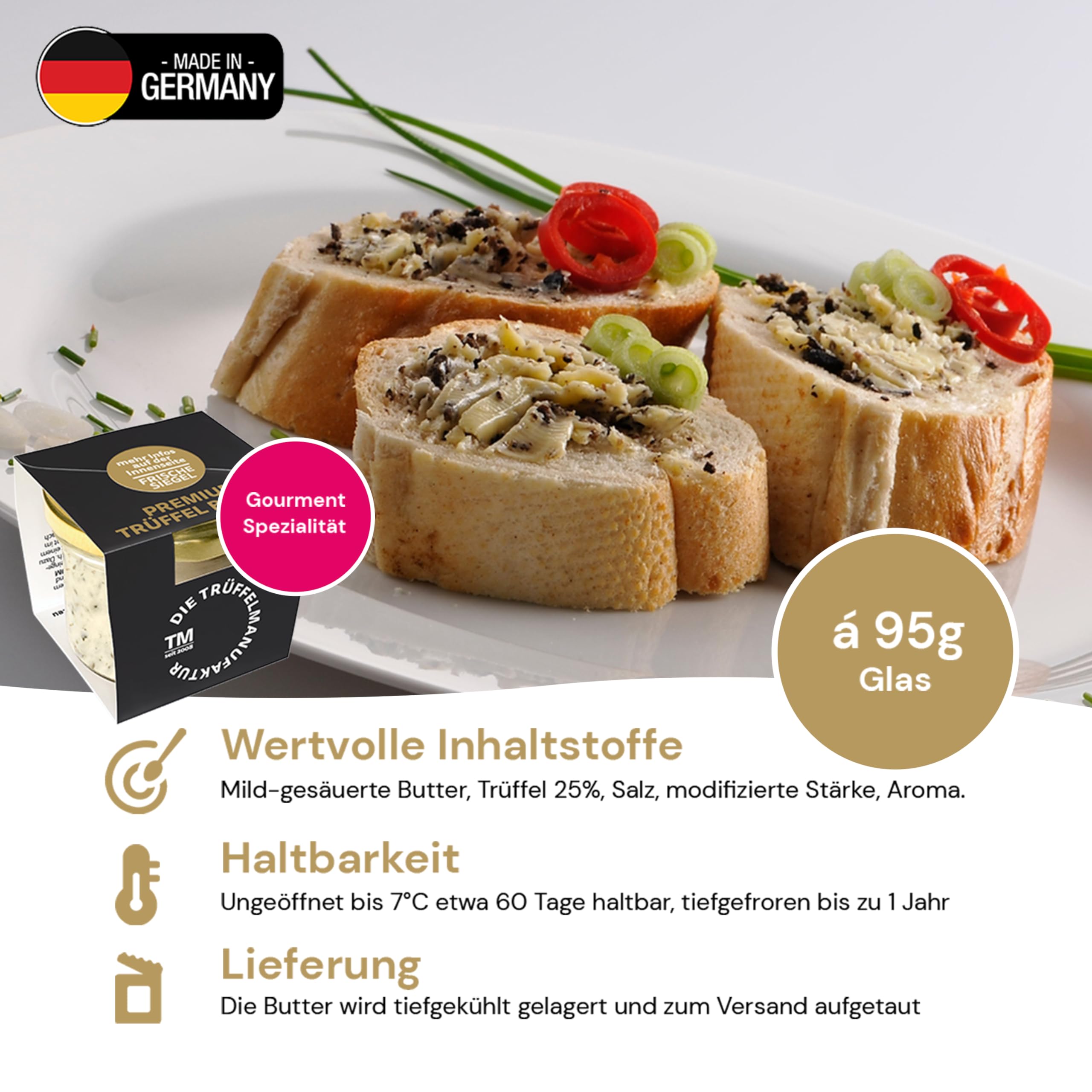 Die Trüffelmanufaktur - Feinkost Trüffelbutter Premium mit 25% Echtem Frischen Schwarzem Trüffel, Delikatesse für Feinschmecker, Weiße Butter im Glas á 95 g - Made in Germany