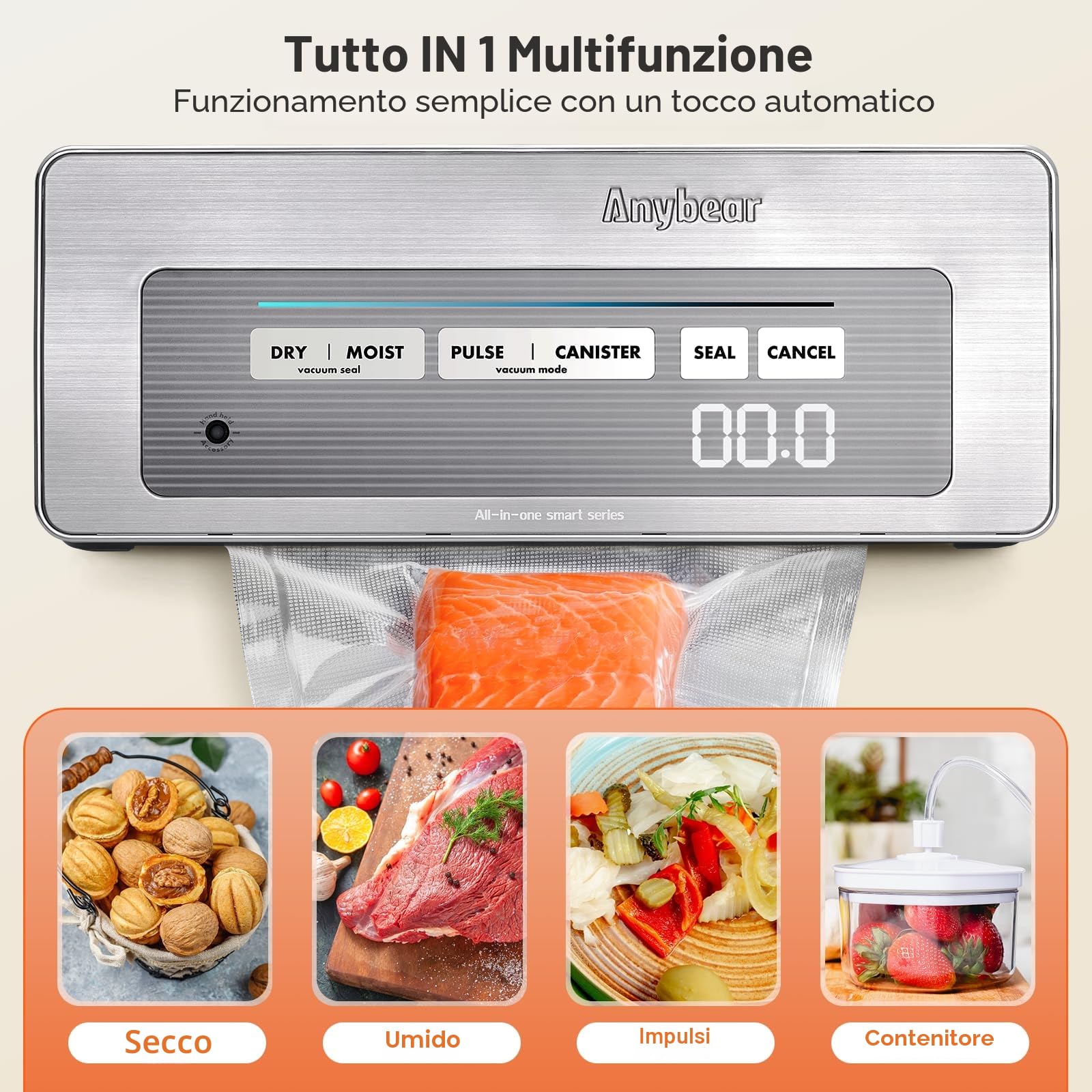 Macchina per sottovuoto 90kPa, 100W, potente sigillatura larga, conservazione degli alimenti, taglierina integrata, contenitore per sacchetti (Argento)