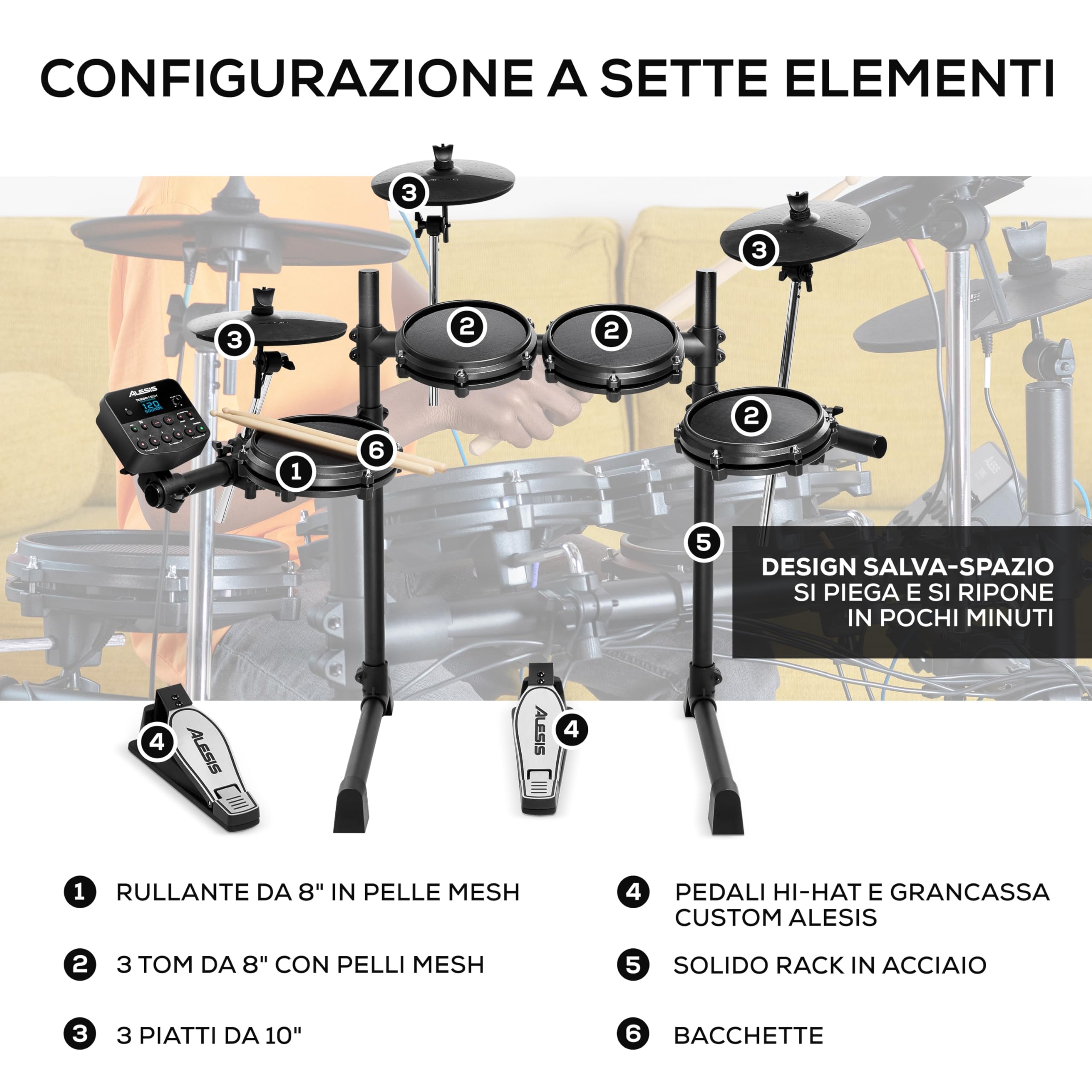Alesis Turbo Mesh Kit + Drum Essentials Bundle – Batteria Elettronica con Pelli Mesh + Sgabello, Cuffie e Bacchette