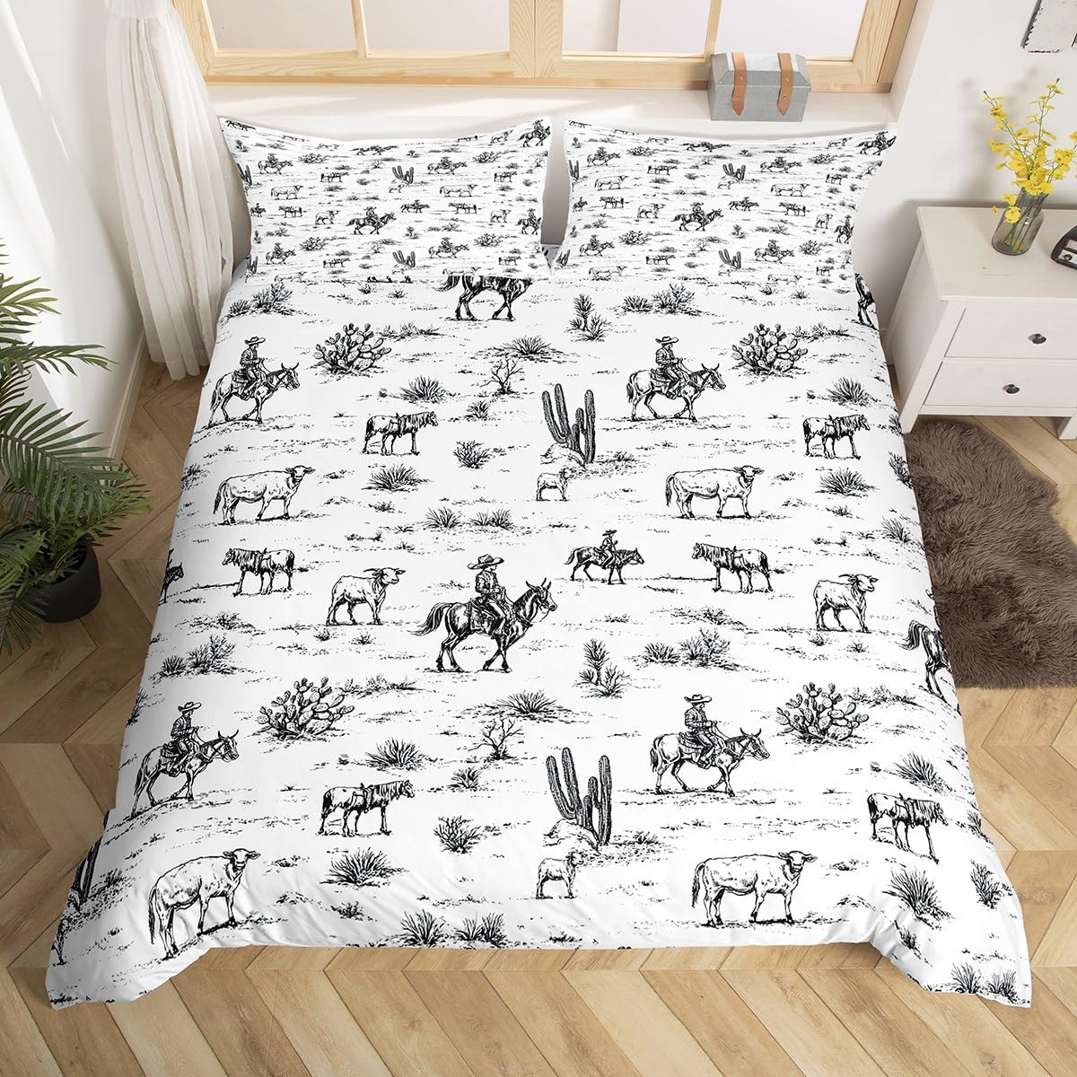 Western Cowboy Duvet Cover Toddler Size,Vintage Southwest Rustic Style Bedding Set 2 Pcs for Boys Girls,Desert Cactus Cow Horse Comforter Cover(No Filler),Kids Quilt Cover