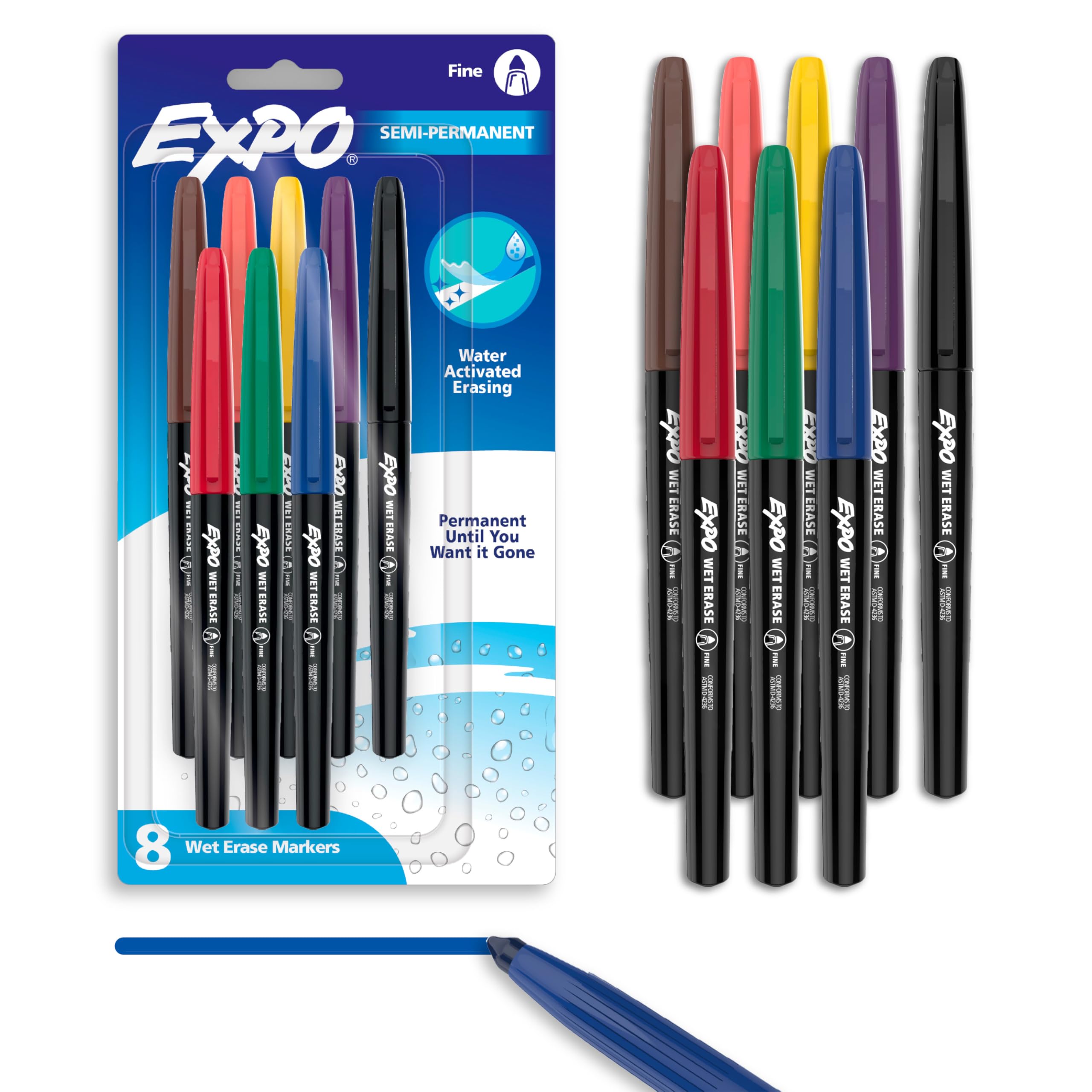 EXPO Wet Erase Markers, Semi-Permanent, Assorted Colors, Fine Tip, 8 Count - For Writing on Glass, Whiteboards, Mirrors, Calendar, Labeling, Organizing