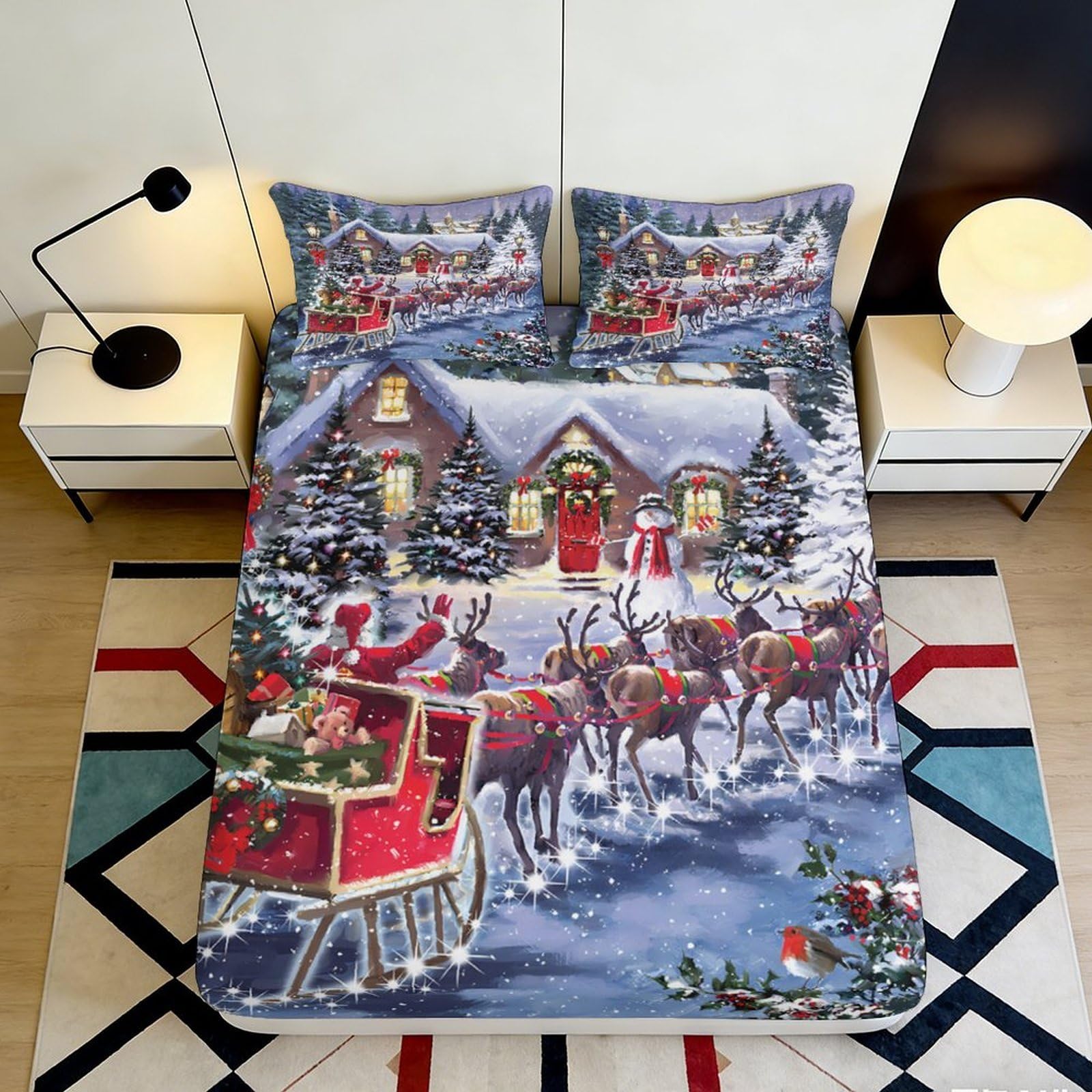 Jqzkxnhpbr Style-5 3D Printed Christmas Santa Fitted Sheet Microfiber Soft Sleigh Reindeer Bed Cover For Bedroom Dorm Easy Care 90X200x25cm