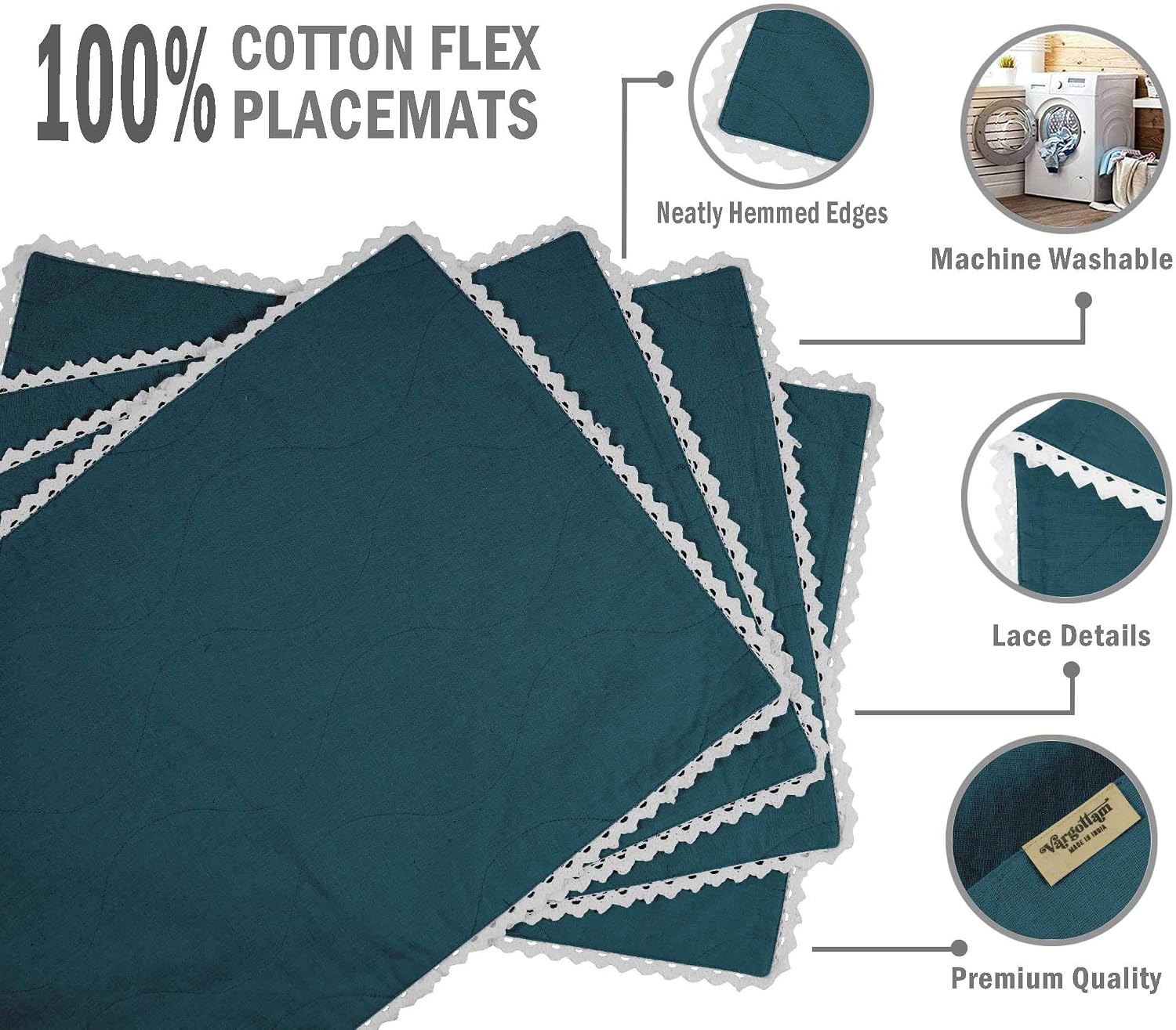Teal Blue Home Decor Washable Dining Table Mats Reversible Cotton Flex White Lace Placemat-Set of 4