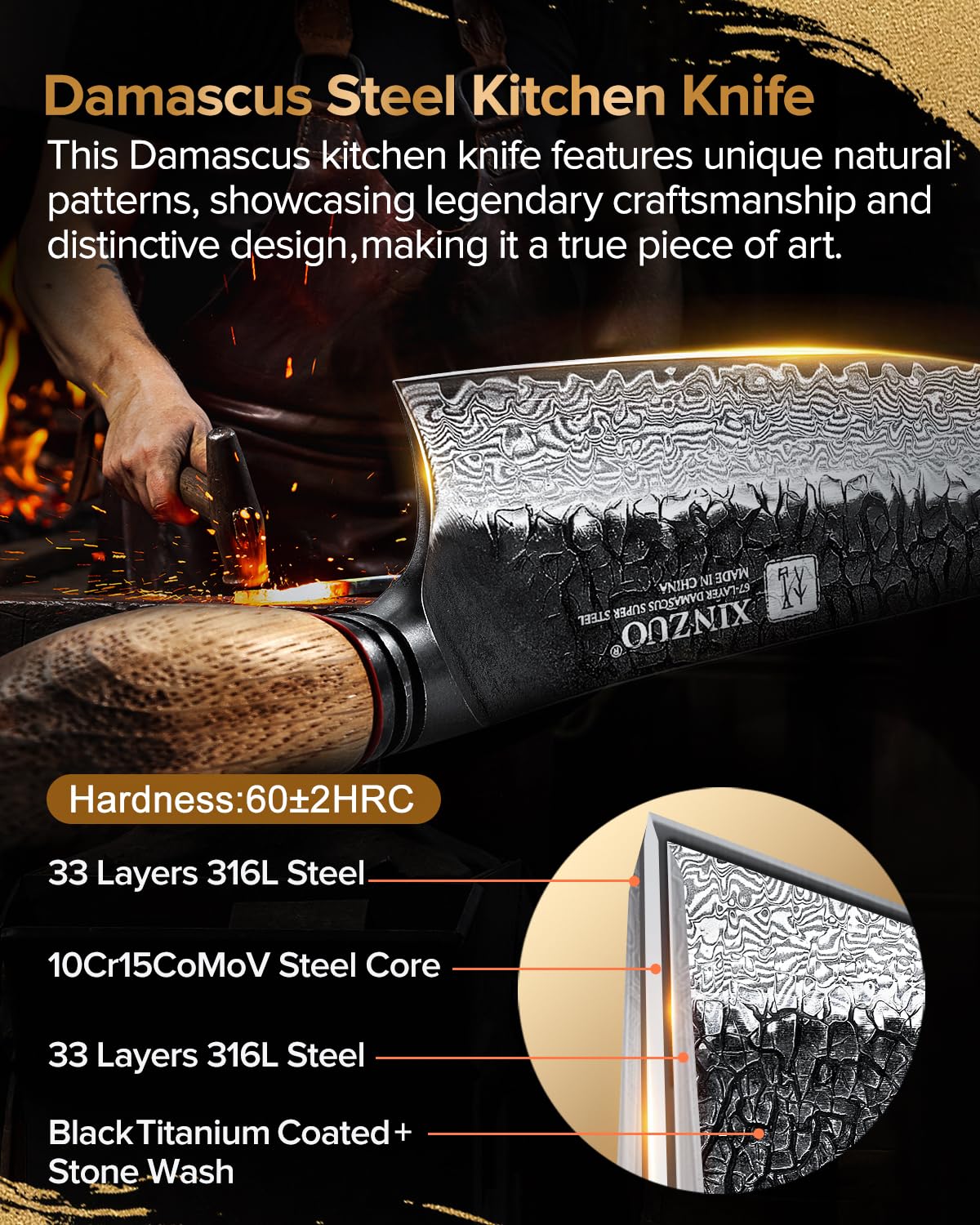 XINZUO 8.3 Inch Kiritsuke Chef Knife, Forged 67 Layers 10Cr15Comov High Carbon Damascus Steel Professional Kitchen Knife,Super Sharp，White Oak + Red G10 Gasket Handle — Amazon image 2