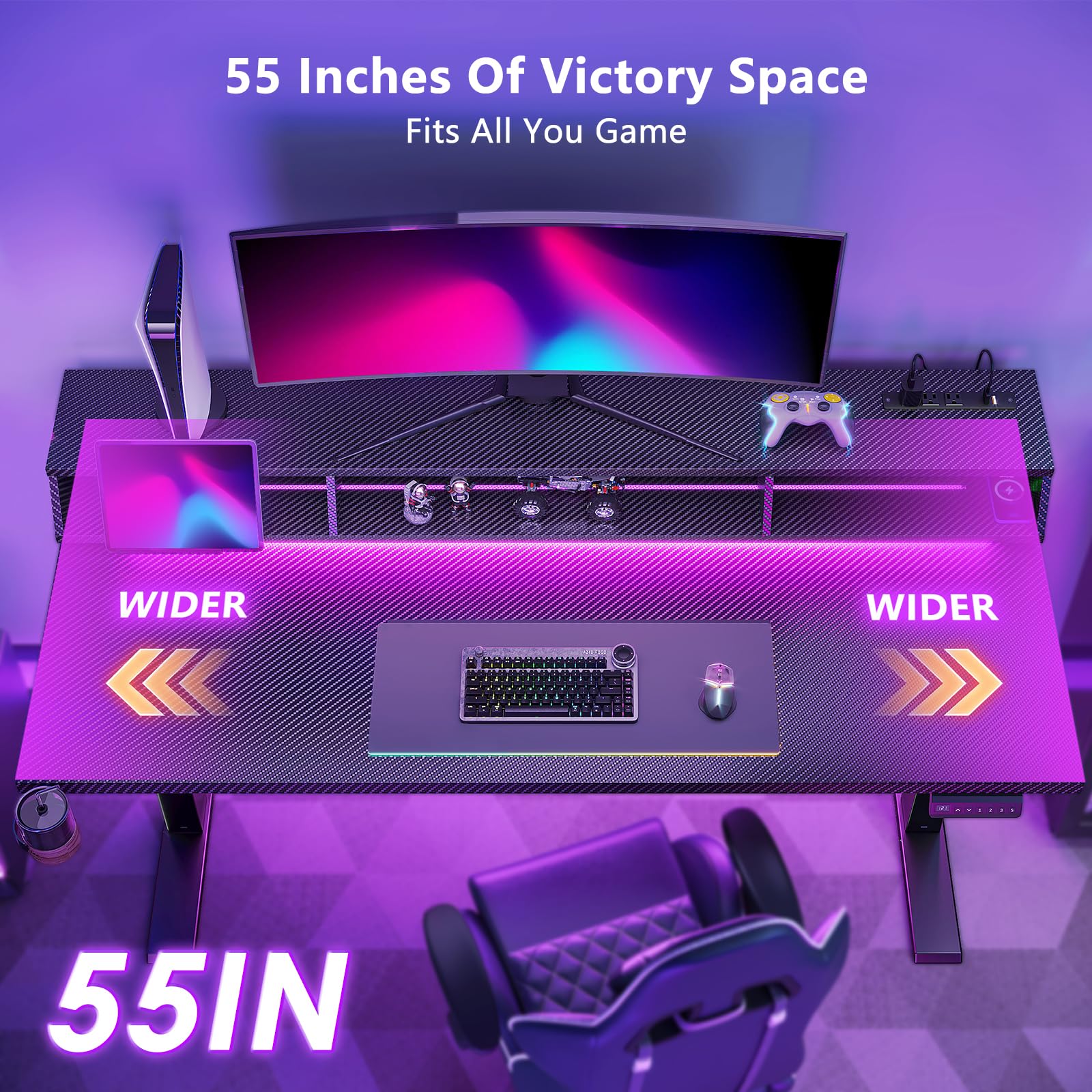 OffiGo Gaming Standing Desk with LED Light 55 Inch Electric Height Adjustable Table with Power Outlet Monitor Stand — view 6